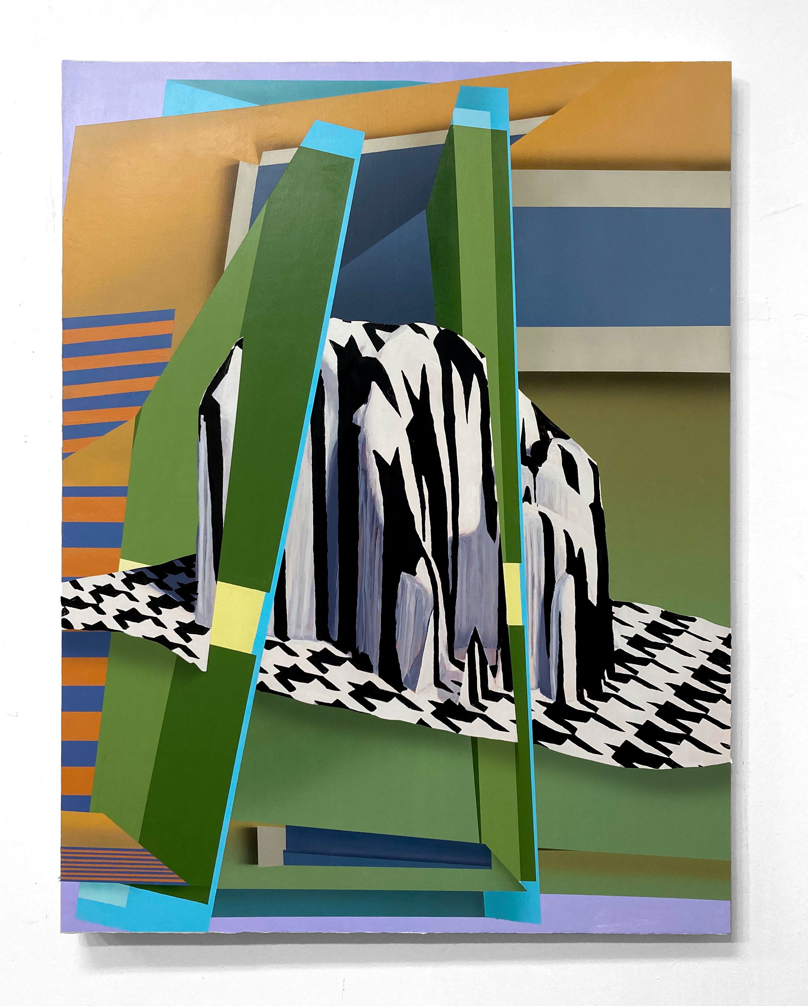 Oil and acrylic painting of folded forms. Central a hand is draped in a black and white houndstooth patterned cloth.