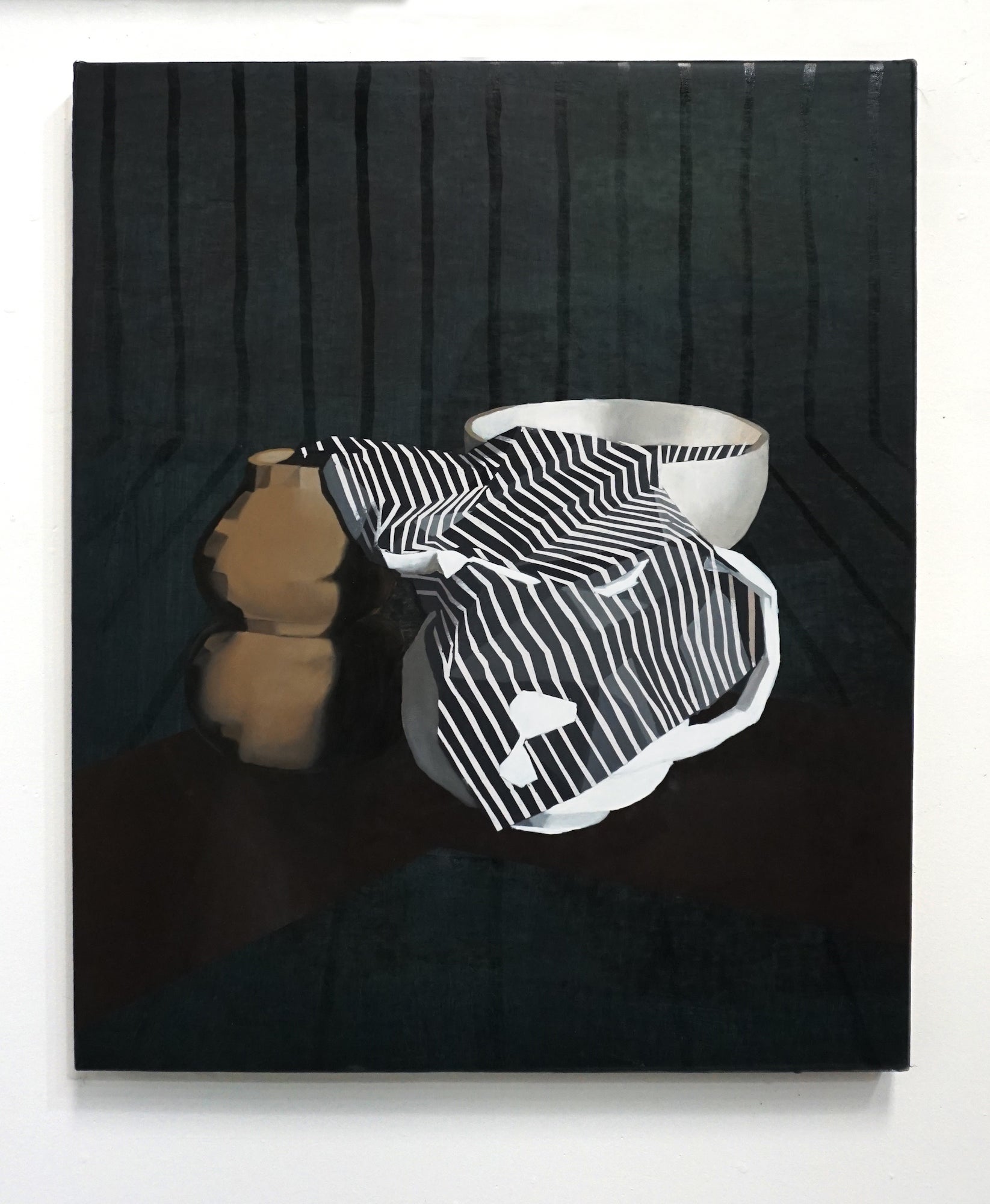 Oil and acrylic painting. A draped bust looking skywards floats a top a collection of rectangular forms in a receding one point perspective 