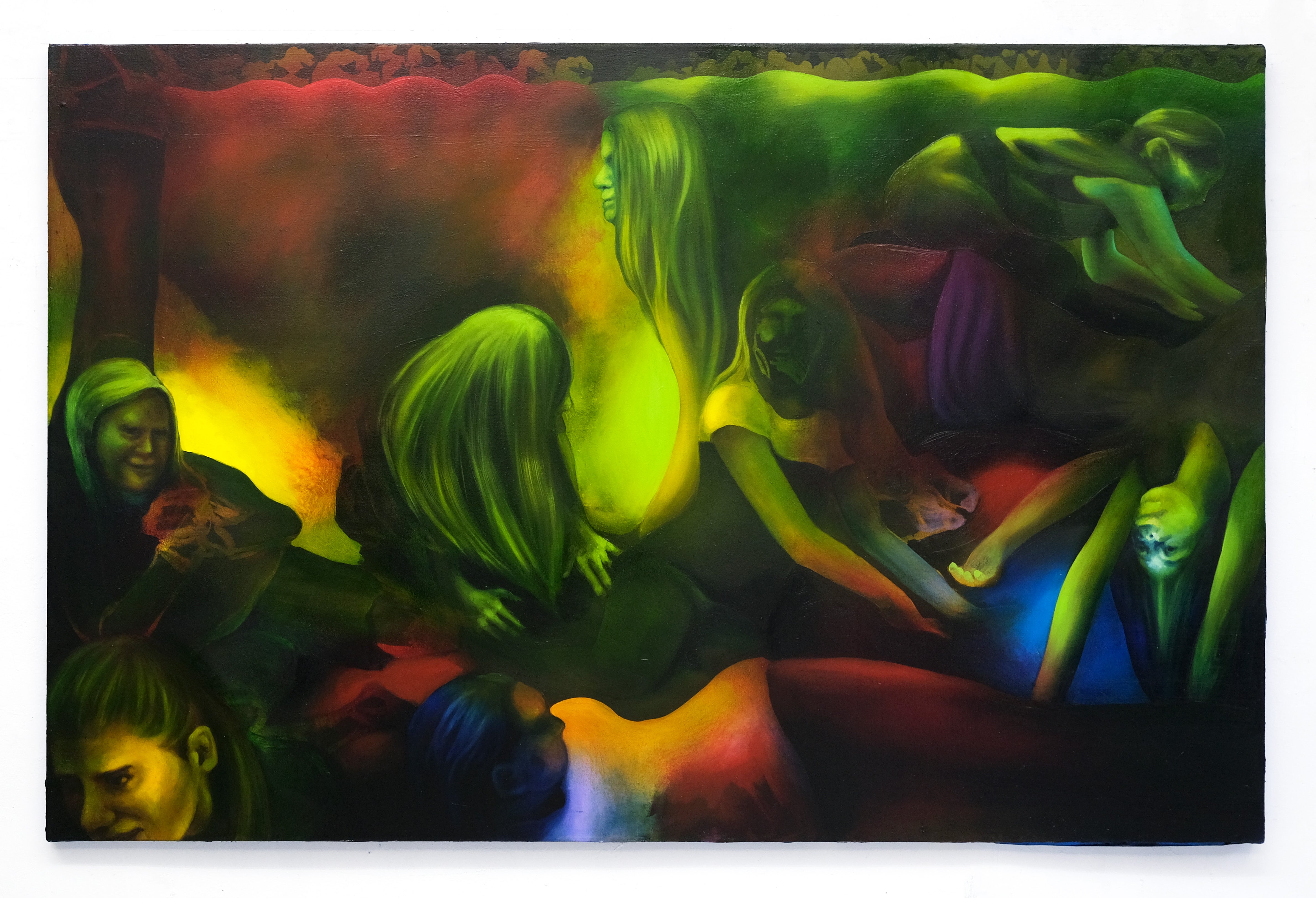 Painting of young girls playing in an abstract field of space.
