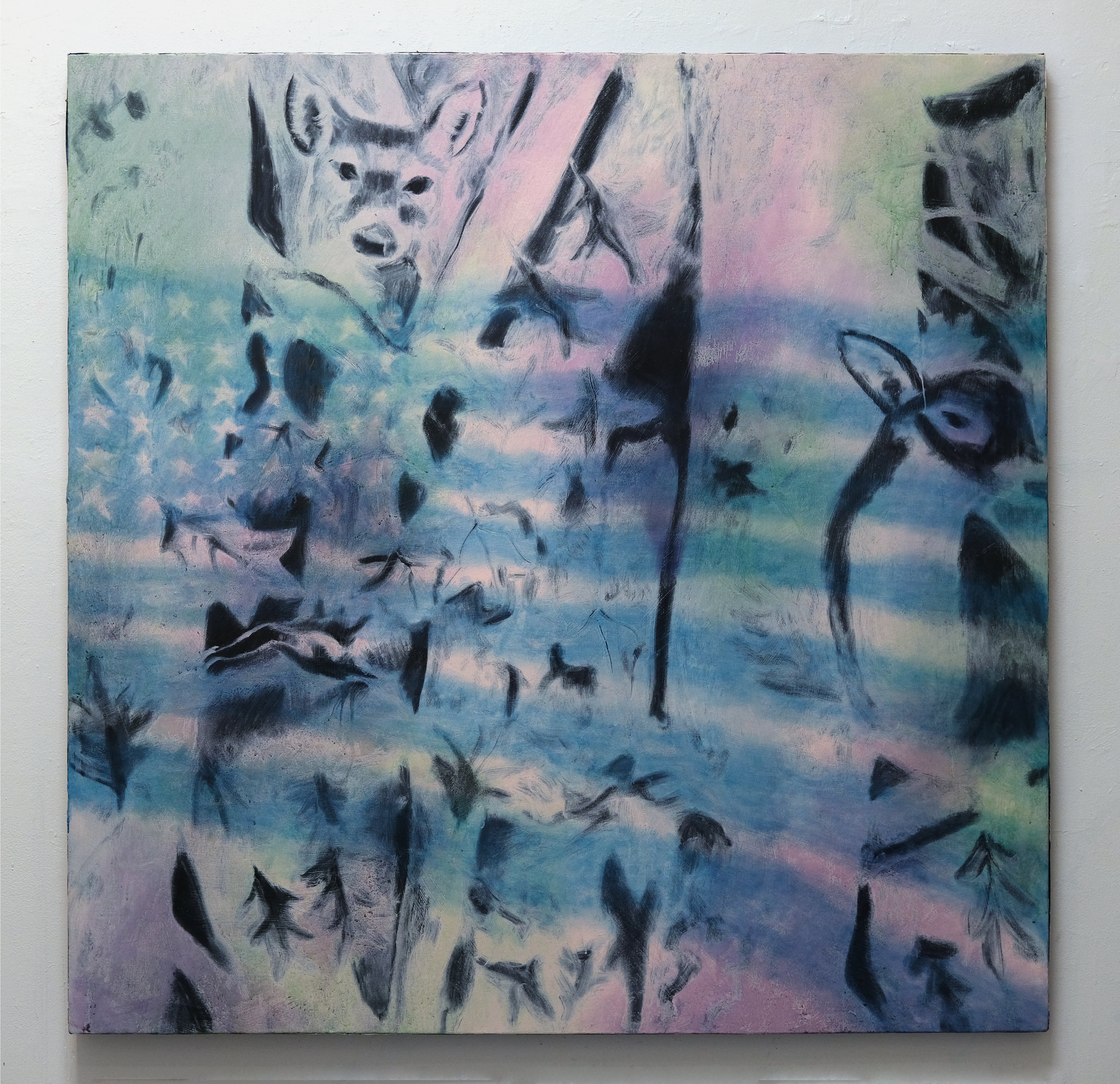 Painting of a pink and white camouflage pattern with tree, foliage, and deer with a blue American flag collaged on top
