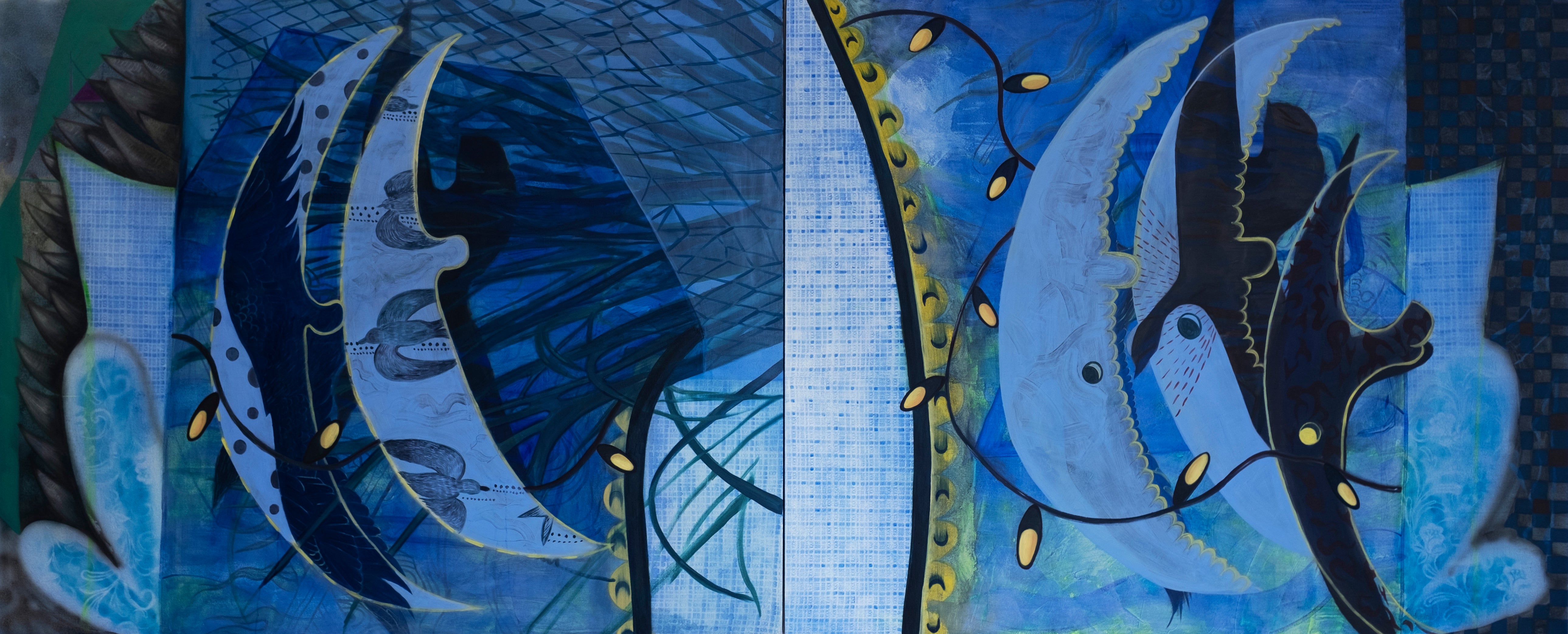 Two blue panels with five moons. Birds fly in and out of the moons.