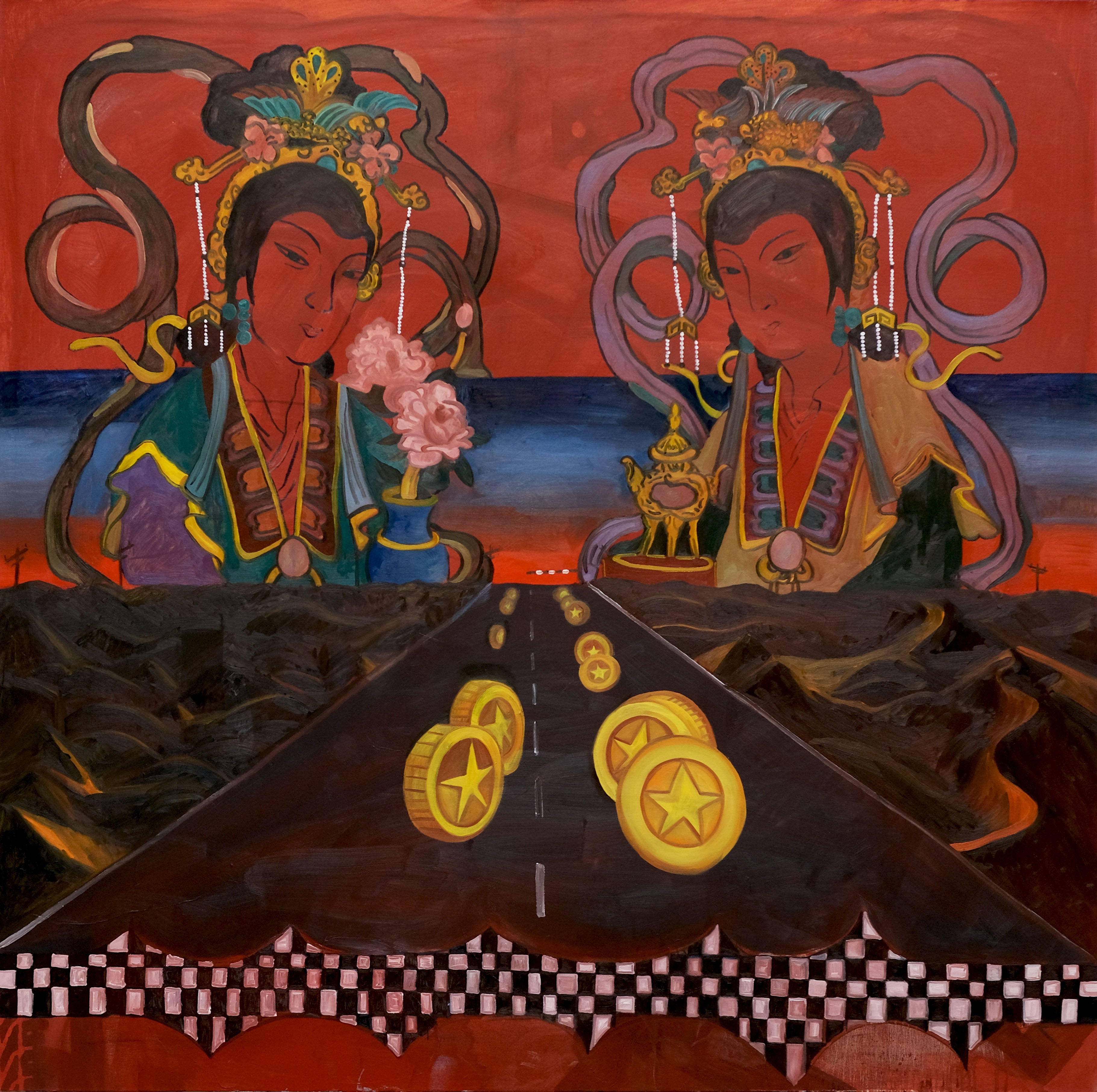 Two goddesses protects the red world up in the sky. A long straight road full of gold coins continues till the horizon line.