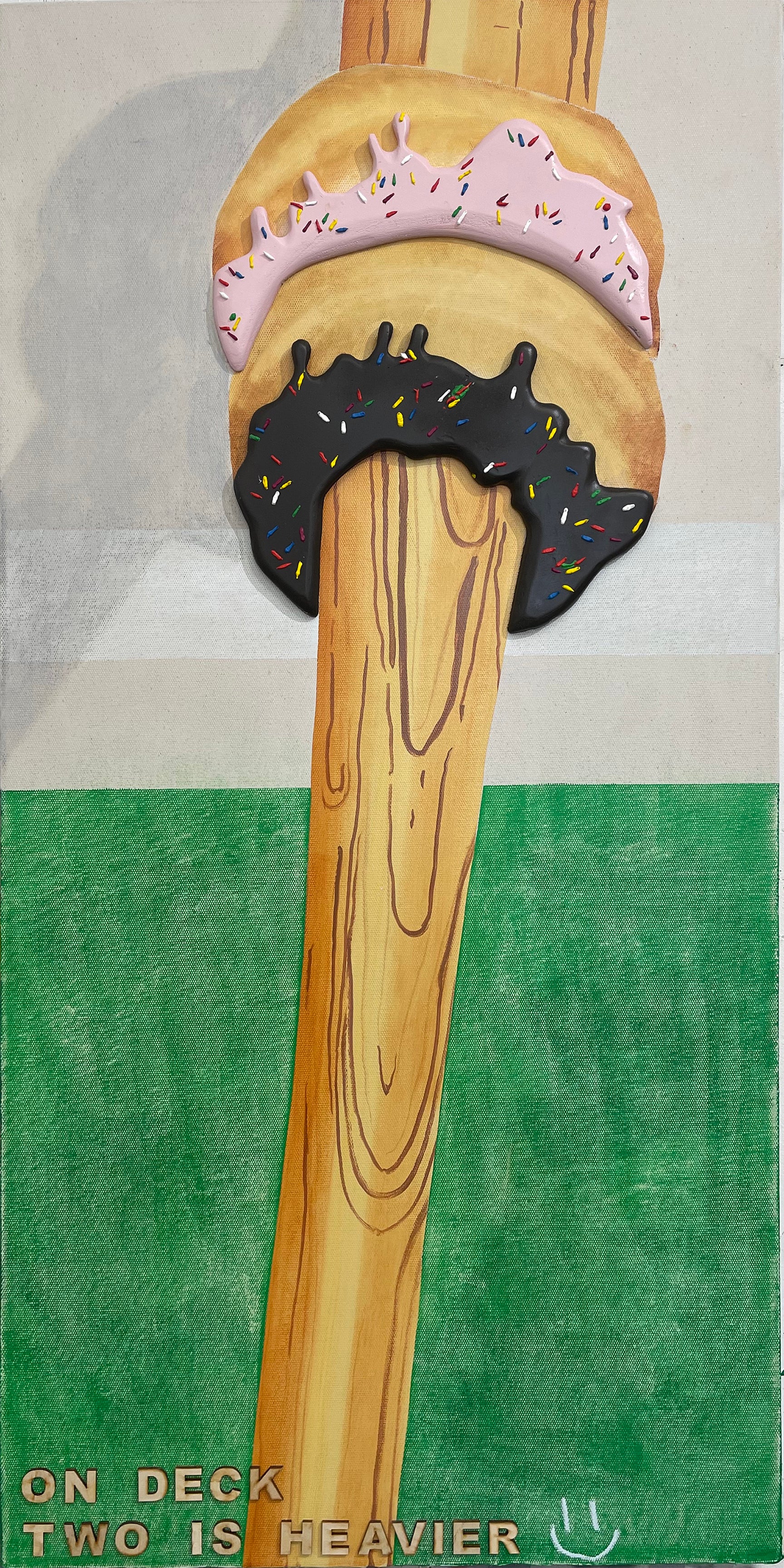 A baseball bat with two doughnuts around it, and text stating that two is heavier than one