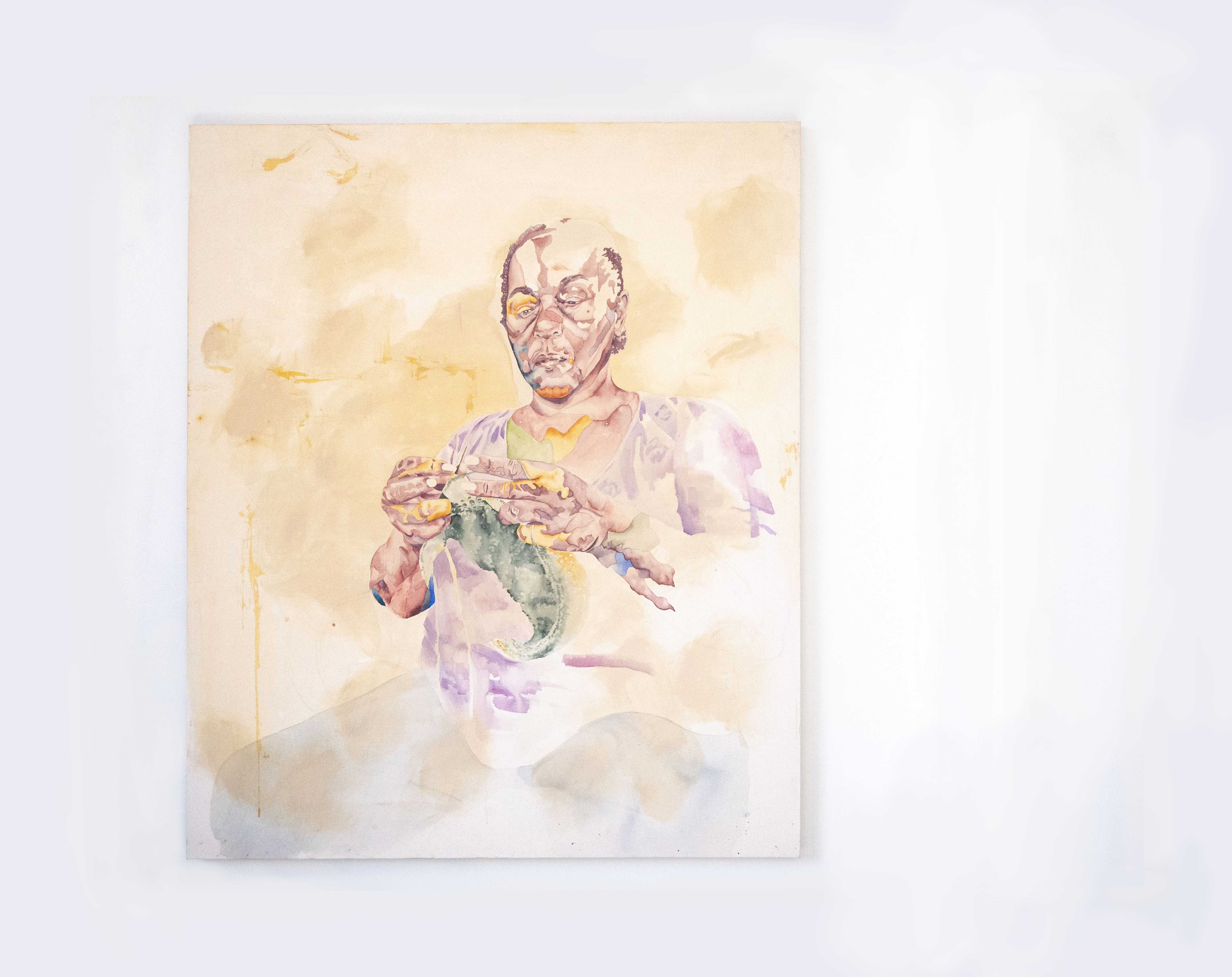 Poetic watercolor painting depicting an Aunt knitting. 
