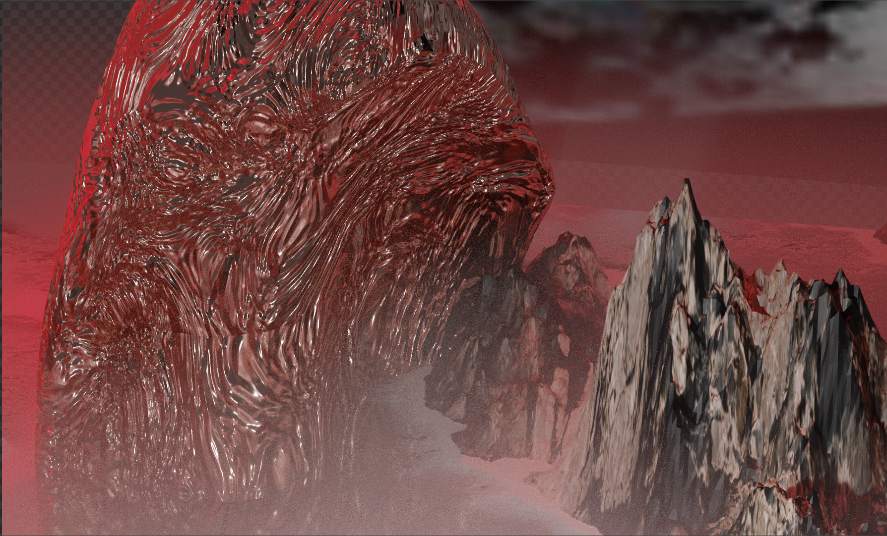 A mountain made of blood and flesh approaching a virtual landscape