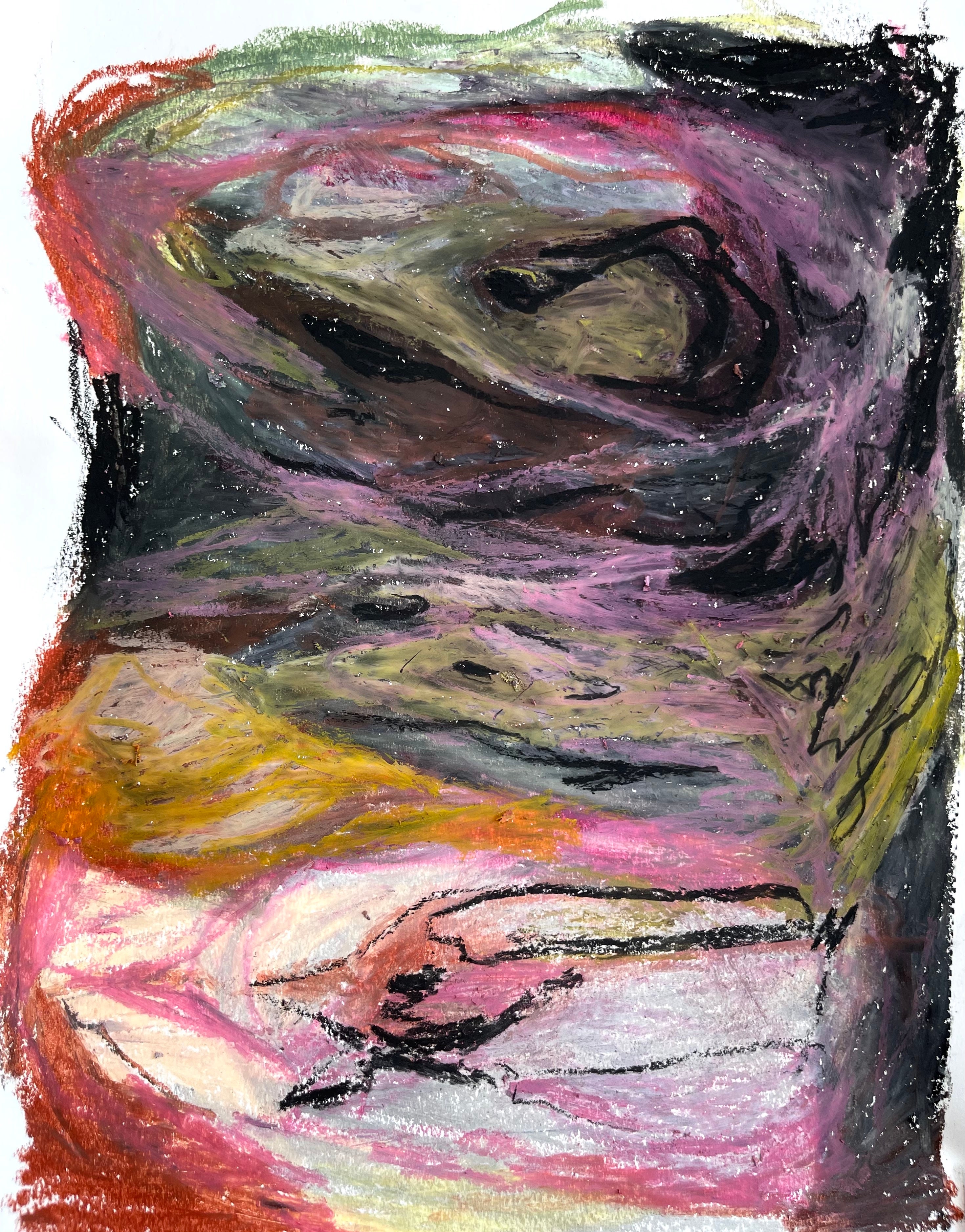 An oil stick drawing depicting the process of decomposition of a fish head