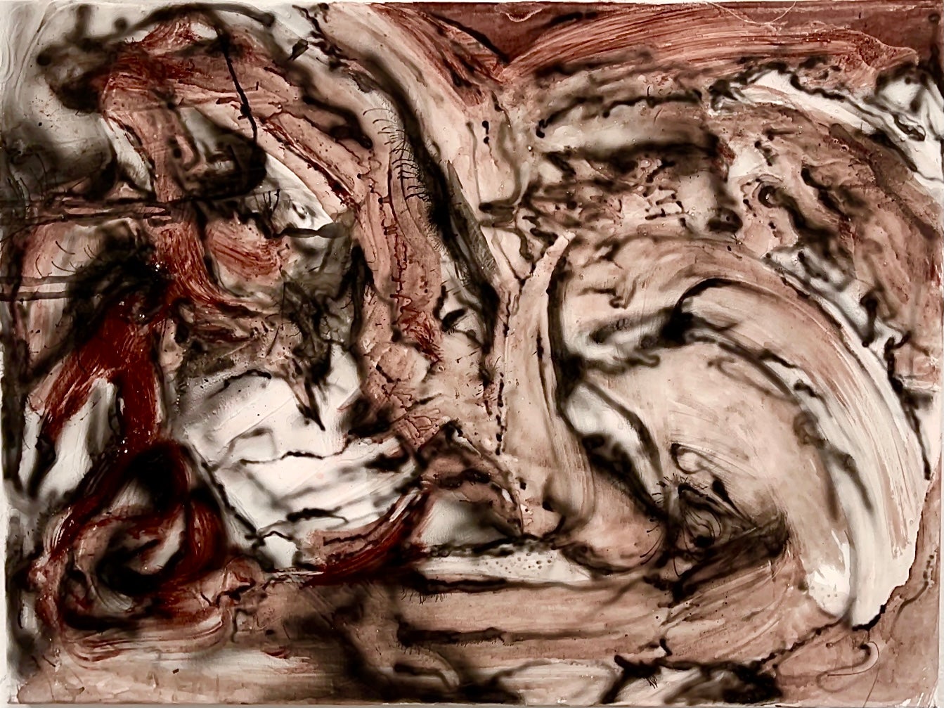 An abstract painting with marks resembling blood vessels