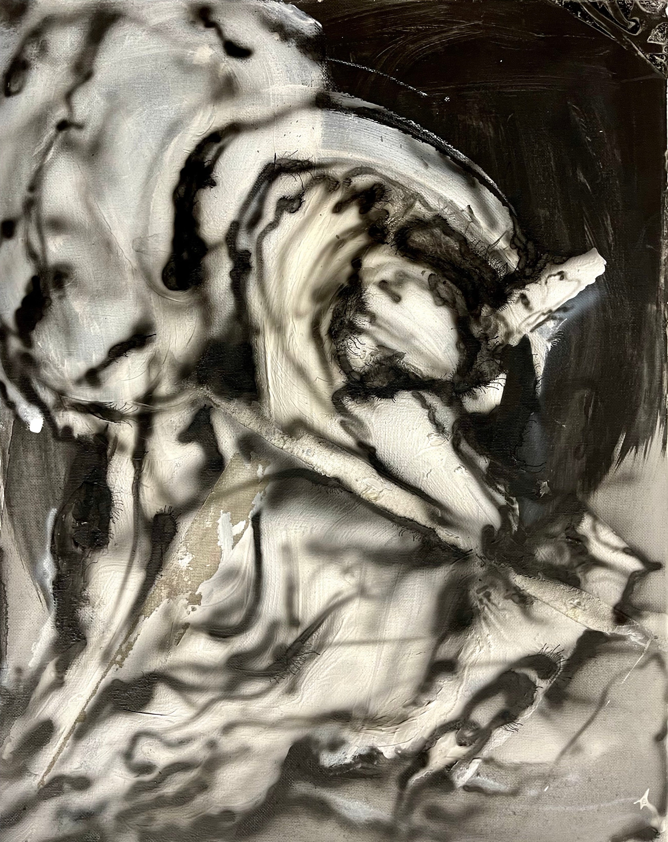 An abstract, monochromatic painting with bold black airbrush marks resembling a diving penguin