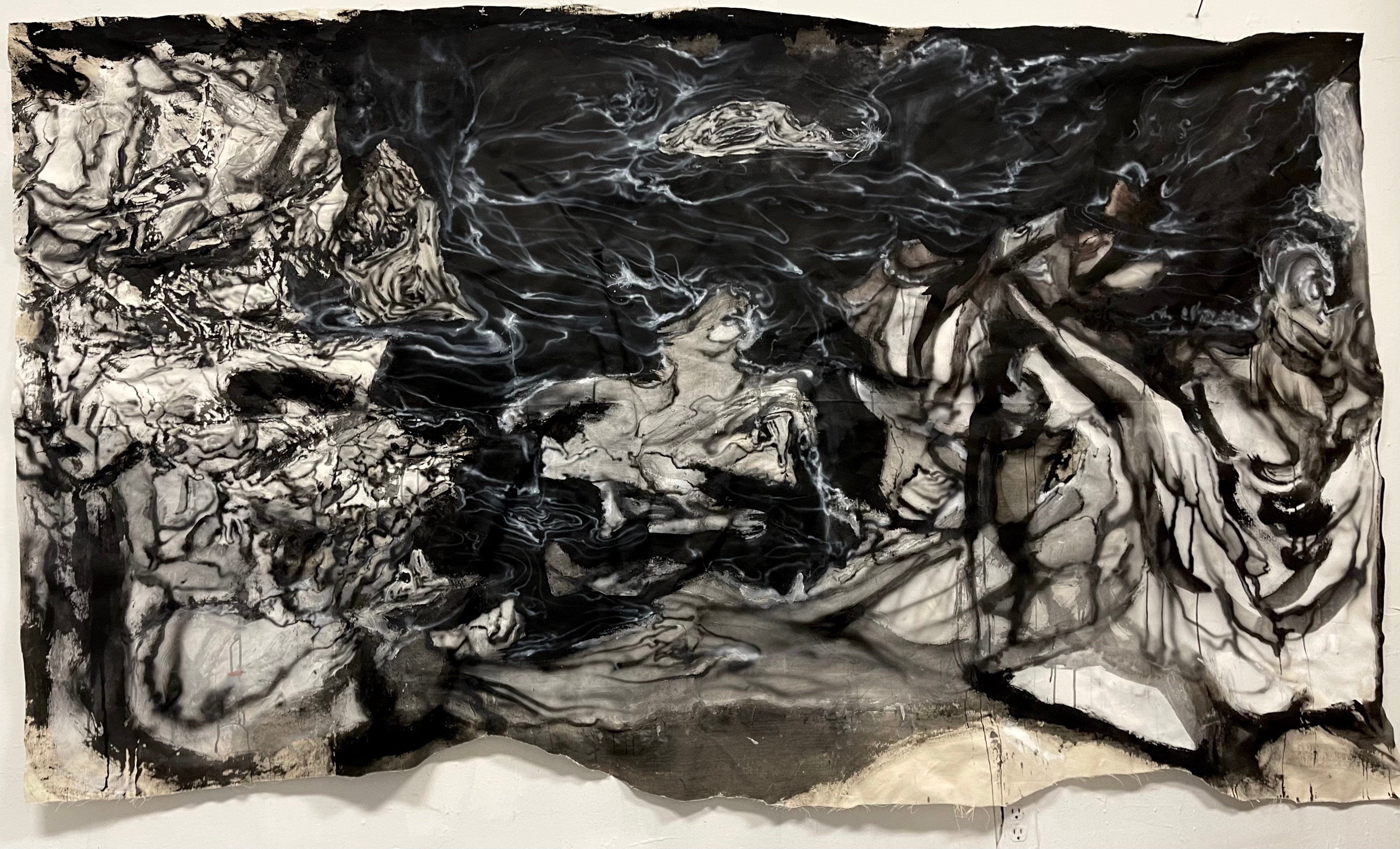 An abstract, monochromatic landscape painting depicting a series of geological hazards: volcanic eruption, tsunami, earthquake with the liquefaction of soils