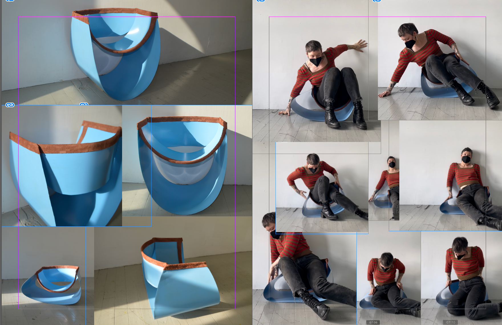 A series of snapshots of before, during and after a blue steel chair is rocked side to side until its round bottom flattens out.