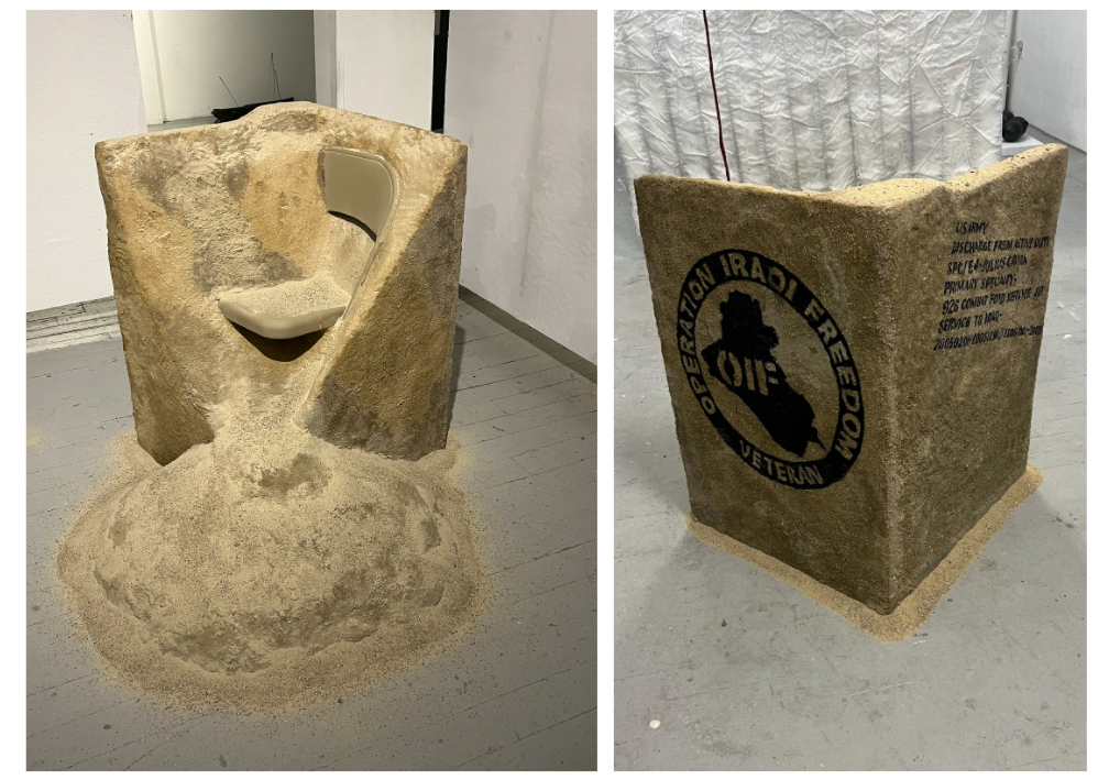 Postwar Sandbox PTSD Therapy is literally a tall cube composed of sand, and embedded in it is a used metal folding chair partly exposed. 