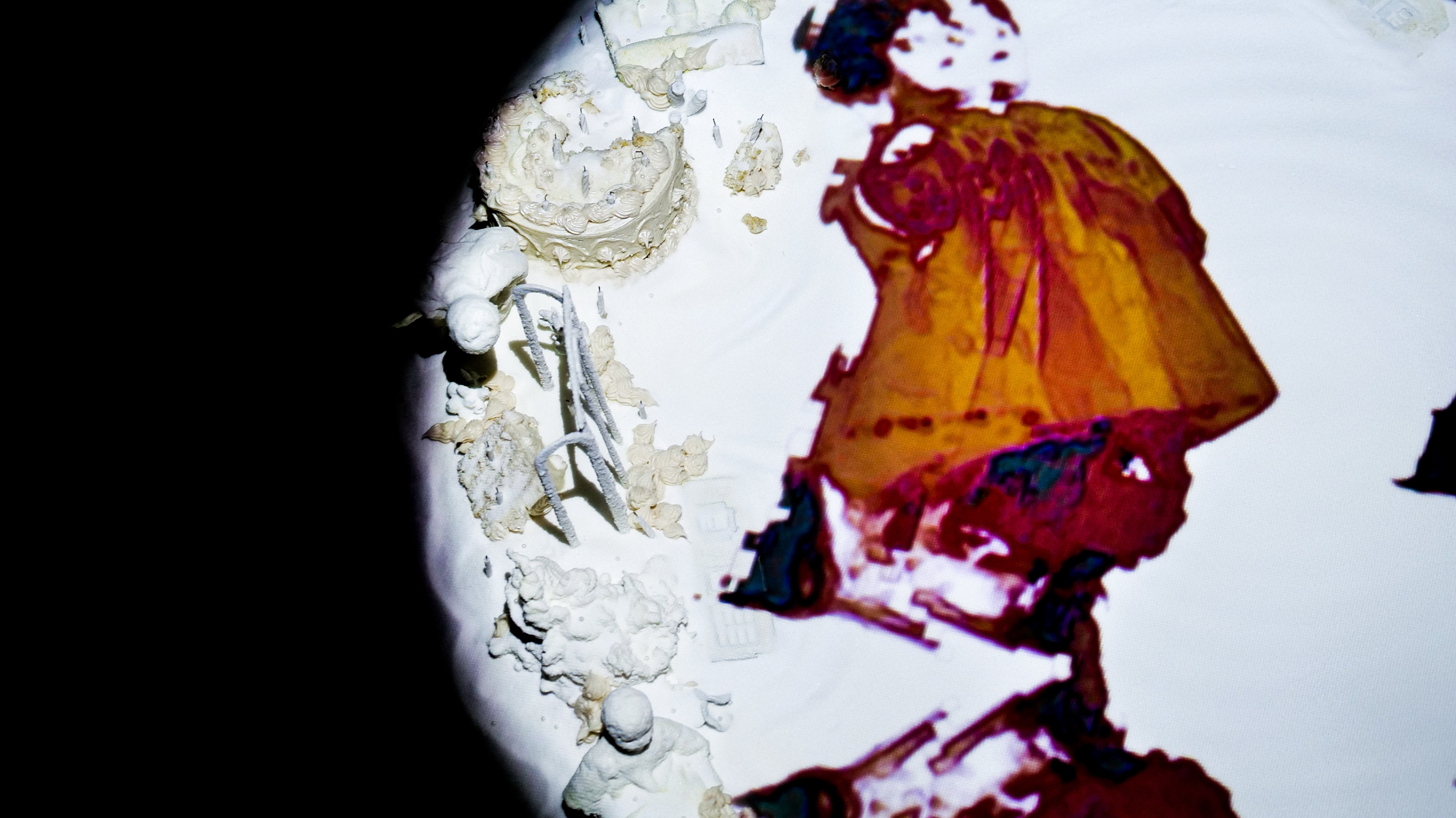Photogrammetry animation projection installation on salt and birthday cake.
