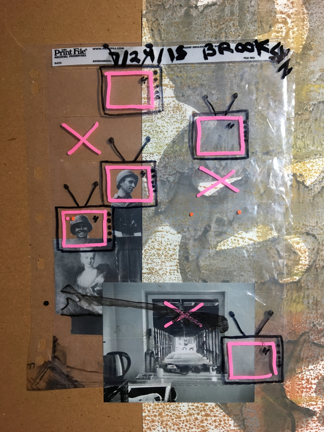 Collage made up of personal photographs, soldiers from WWII and drawings of some televisions.