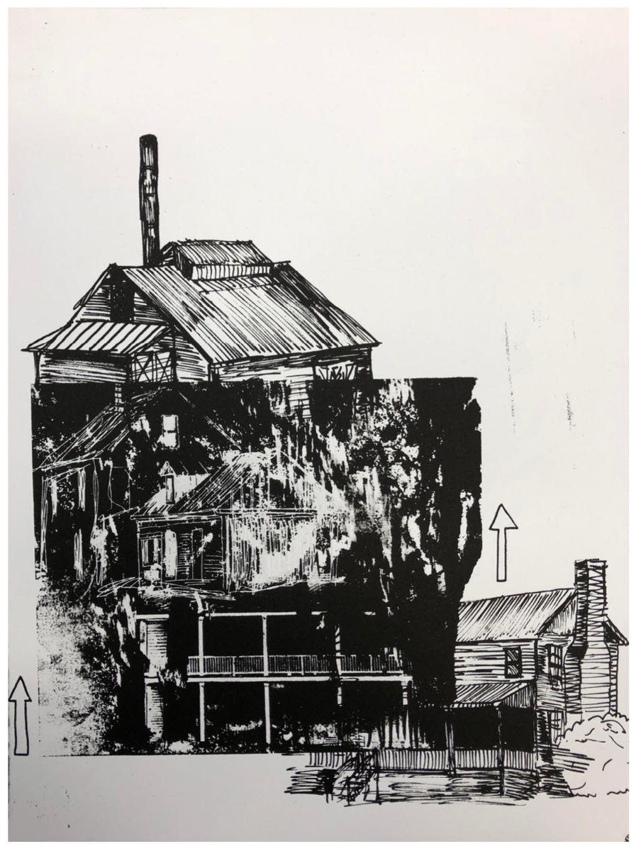 Overlapping drawings and collage of various carpentry styles found along the Eastern Seaboard