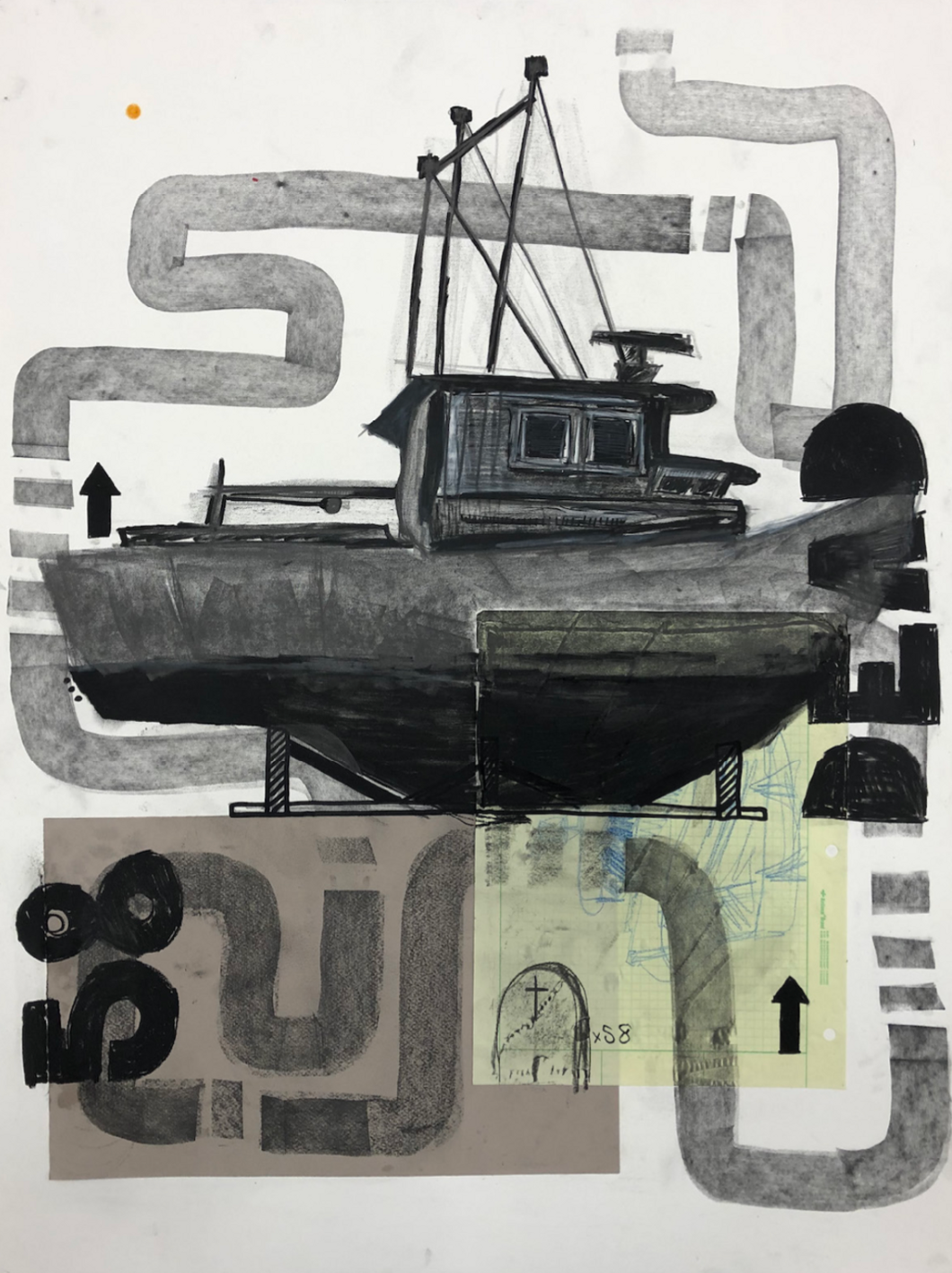 Charcoal drawing of a fishing boat.