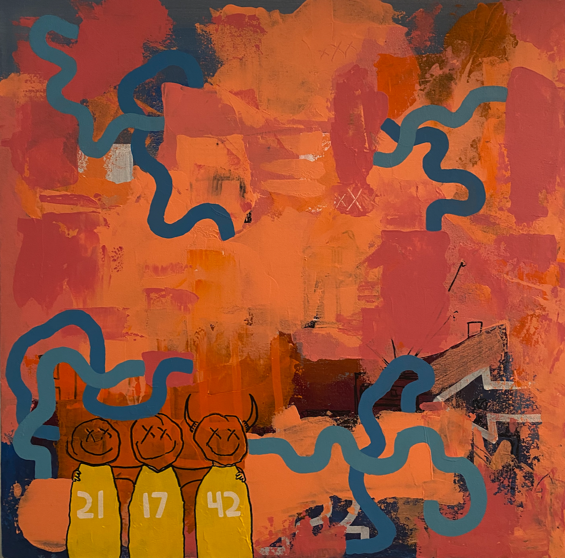 Three figures wearing yellow basketball jerseys in the bottom left corner, the rest of the paint is mostly orange a paint with a few blue lines here and there. 