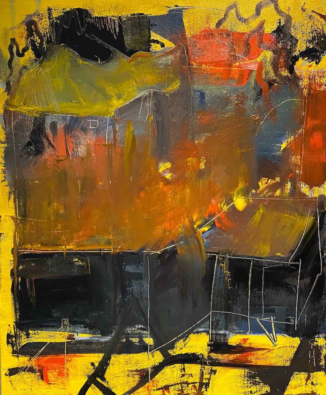 Deconstructed landscape painting of the street I live on.