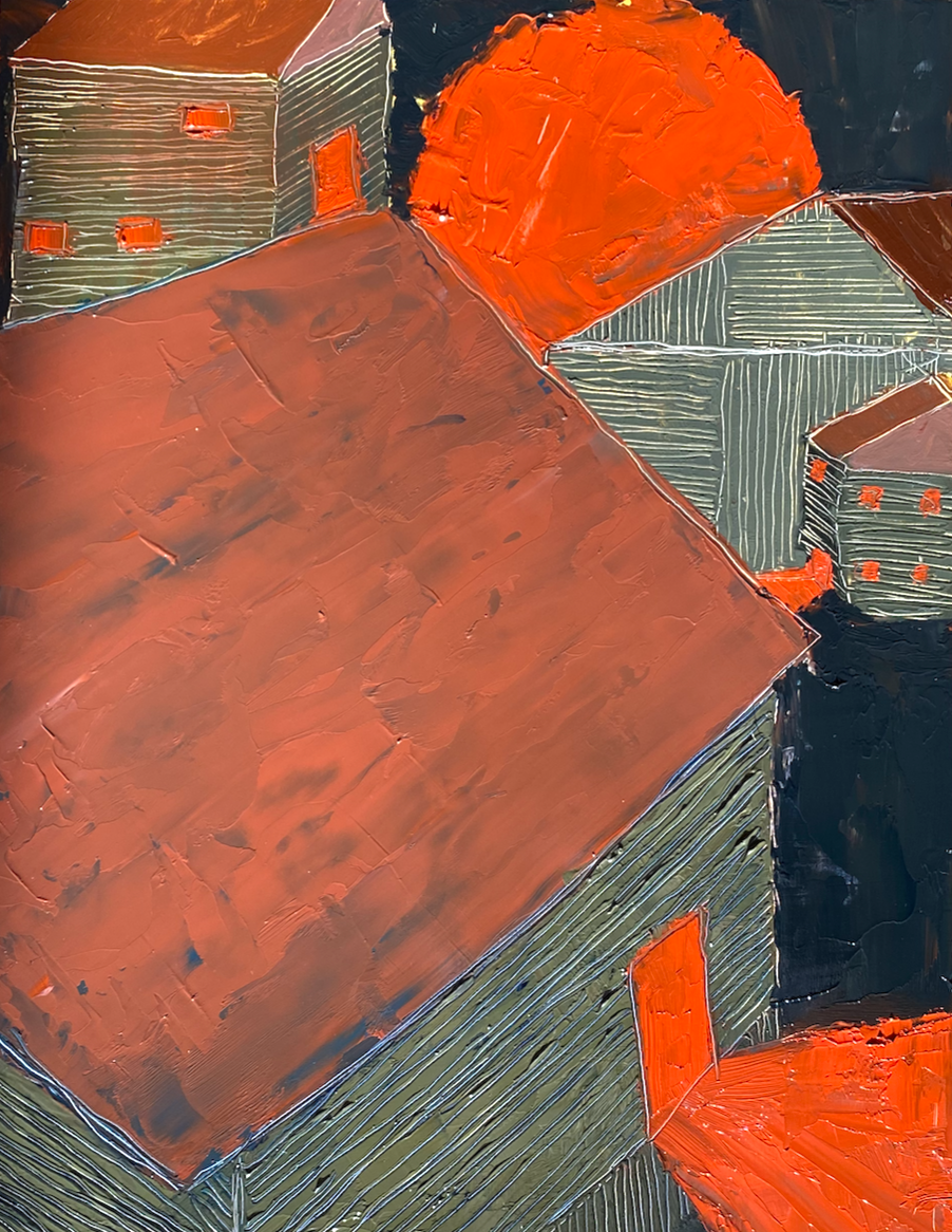 Four cabins postitioned throughout the panel with a large red sun on the horizon. The sunlight travels from cabin to cabin through open doors