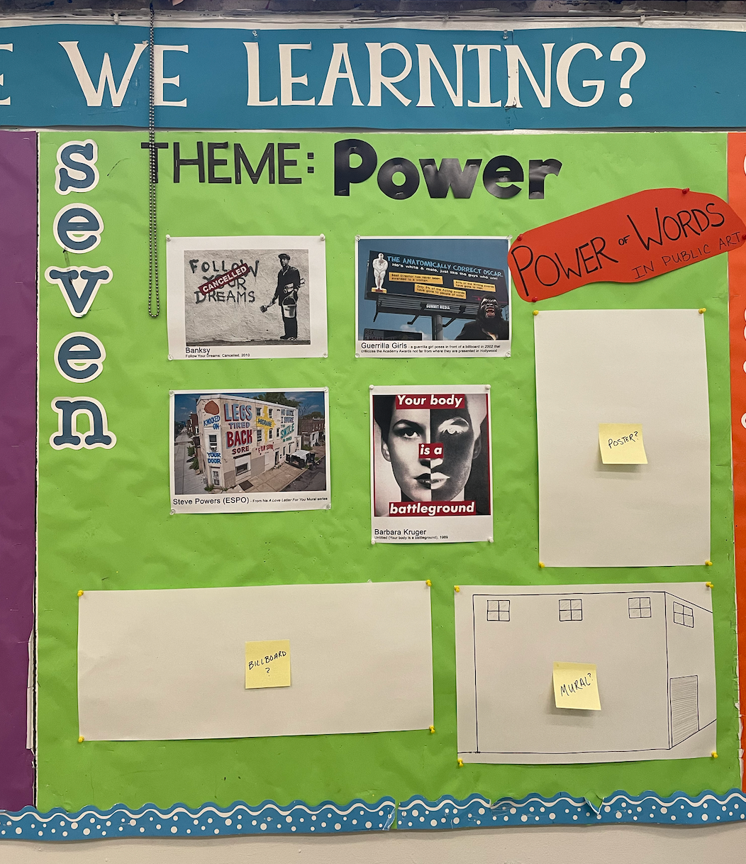 Visual of a wall showing seventh grade lesson plan and artist examples