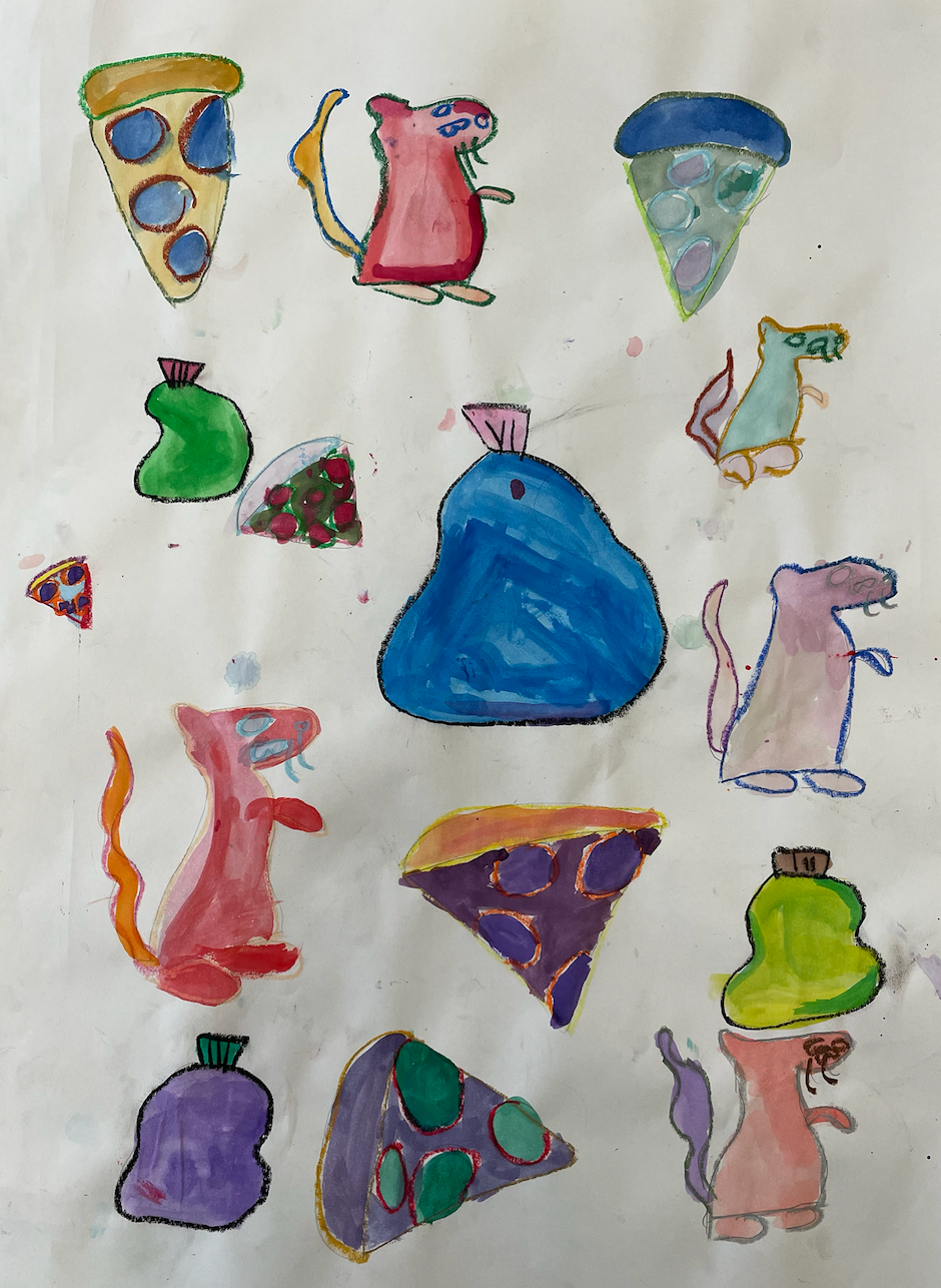 A repeat pattern painting showing rats, trash, and pizza