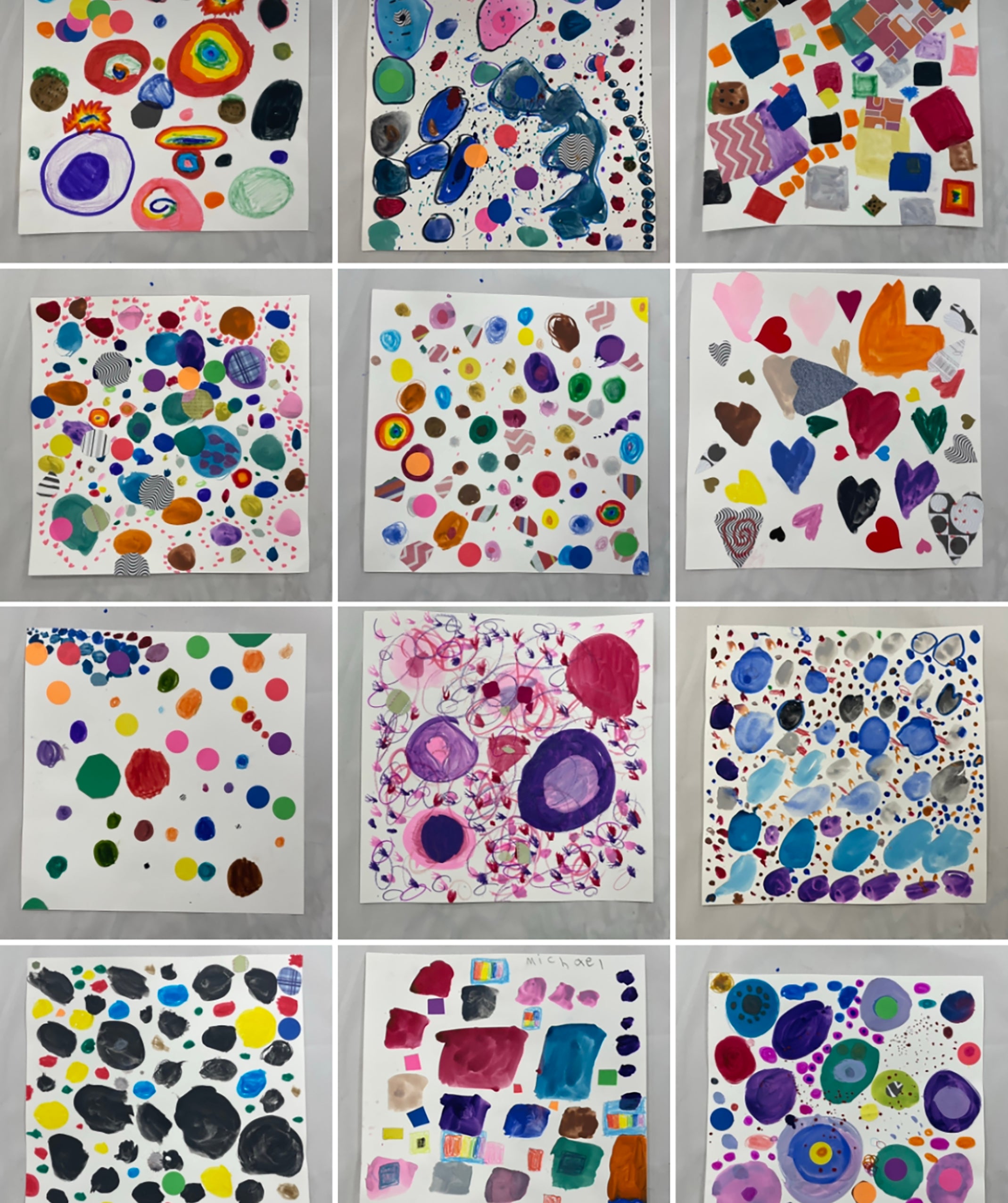 12 student artworks, in each artwork chose a shape and repeat it over and over again to obliterate their paper