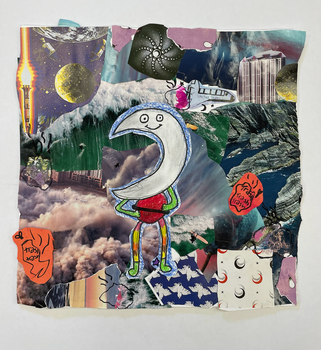 Student artwork made using a mix of collage materials, shows a super hero moon figure standing in the center with ocean below them and outer space above them, trash is scattered throughout. 