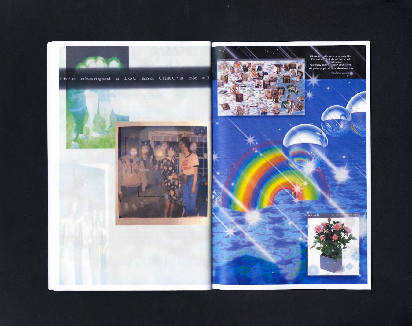 A spread from the zine. Both pages are collaged with images of bubbles, personal photographs, rainbows, and others.