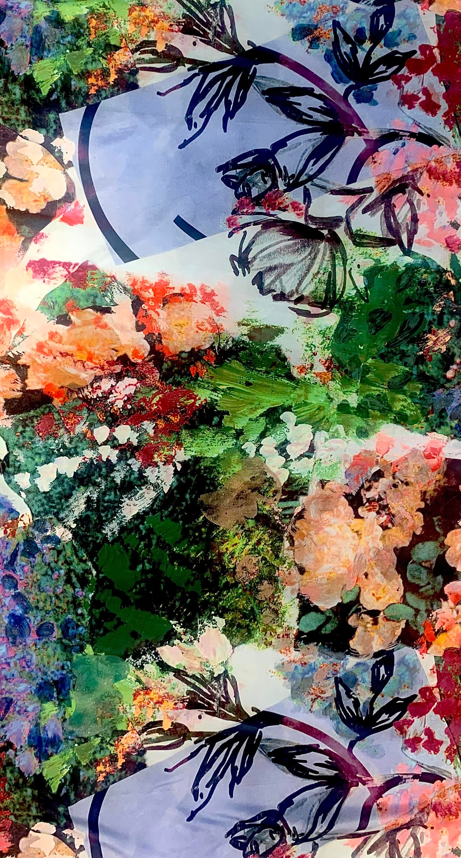 This large scale fabric length is covered in textural brushstrokes composed of foliage and printed on linen.