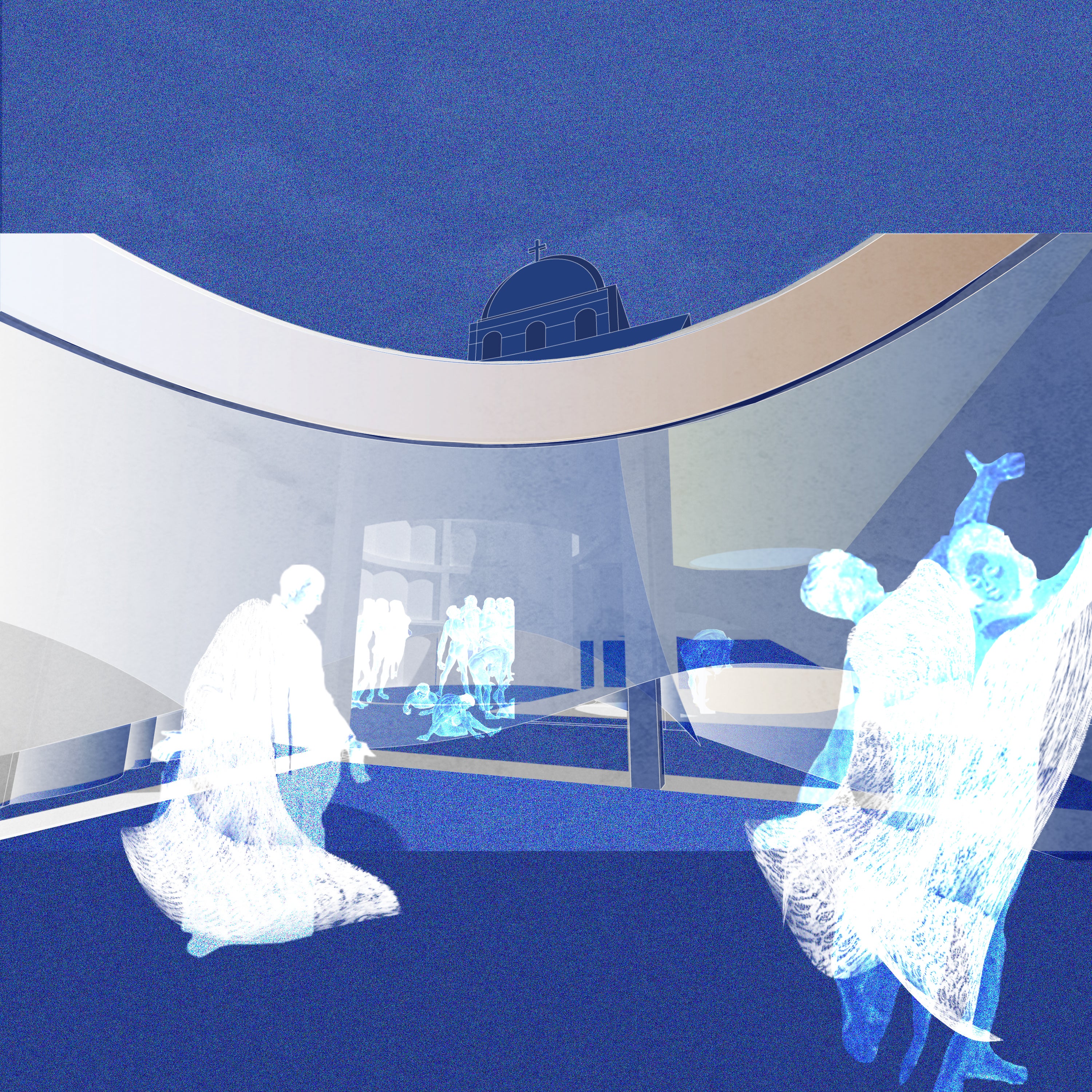 There is a circular golden ring in the ceiling of the space.People begin to put on lace robes onto themselves.