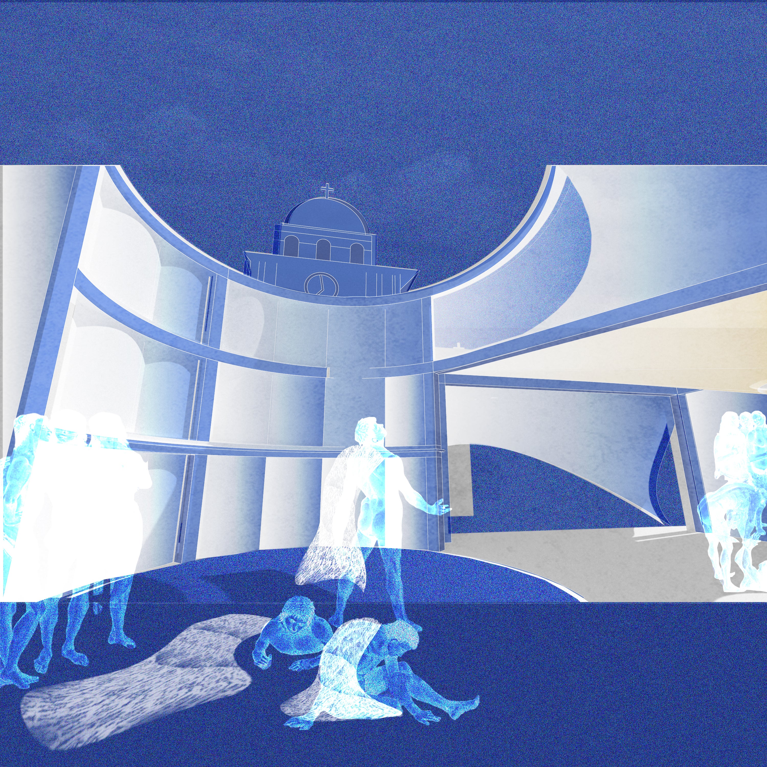 A tall atrium space is found and people begin to remove their lace robes and proceed to rinse them in a final bath. 