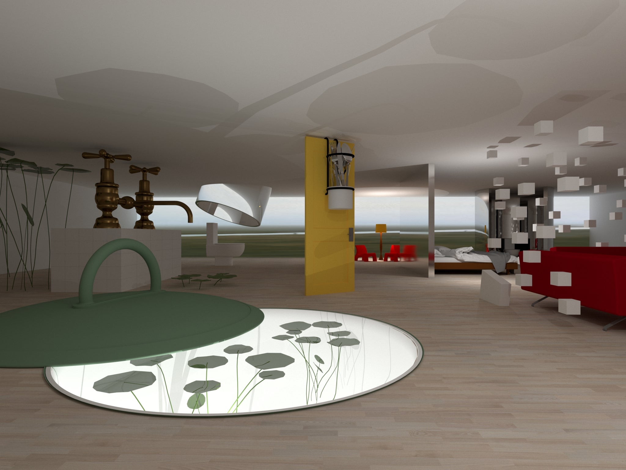 A rendering of a house in Surrealist style. 