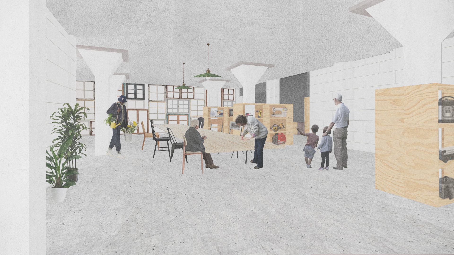 collage render of a library of things and people at workspace 