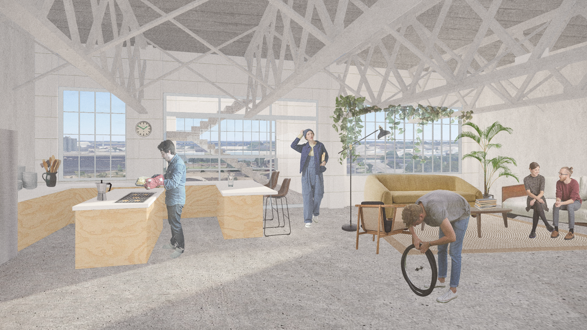 collage render of communal kitchen and living area with people 