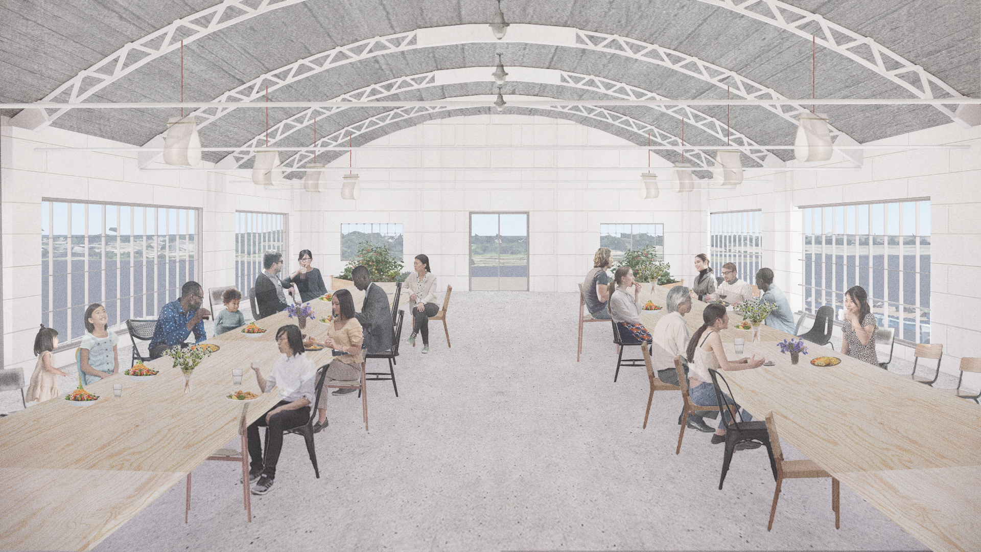 collage render of many people around two long tables 