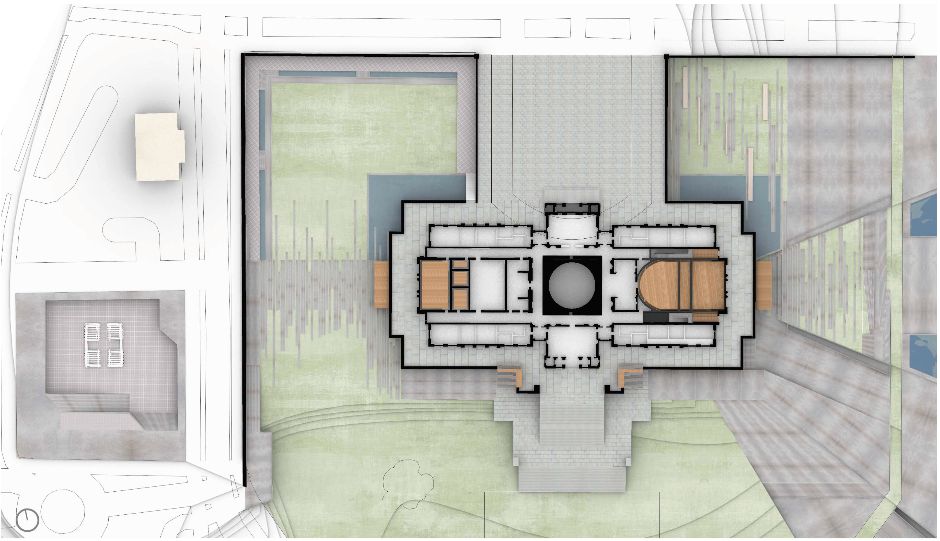 Basement plan showing the programmatic distribution of spaces, with theater on east axis, gallery area at the center, and educational area on west axis.