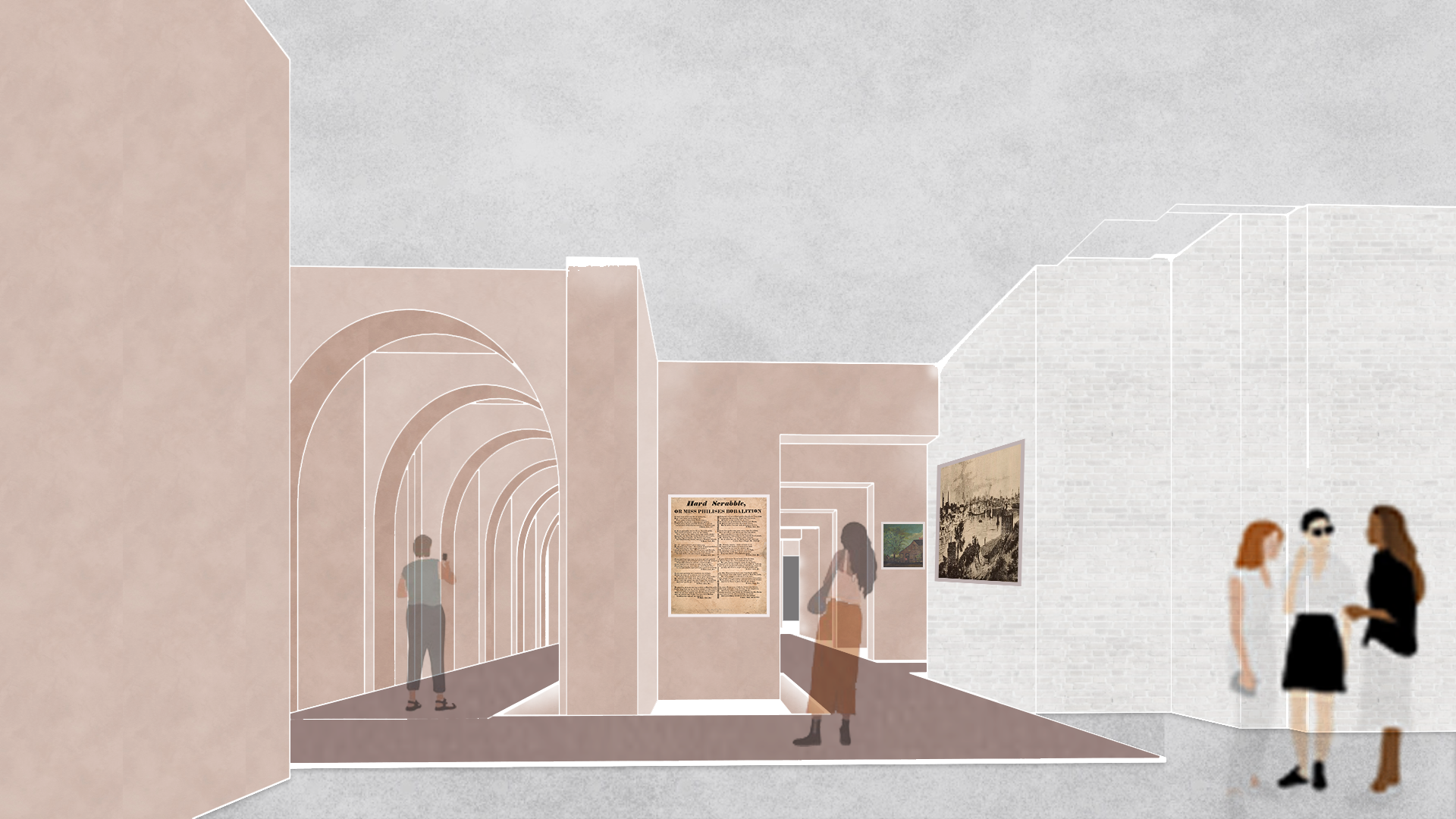 View of the arches and path to leading to the history space
