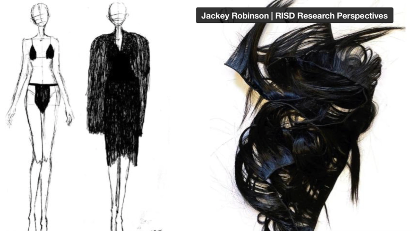 Black and white fashion illustration showing a female form in a bikini and a female form in a knee-length fringey jacket next to a pile of false black straight hair