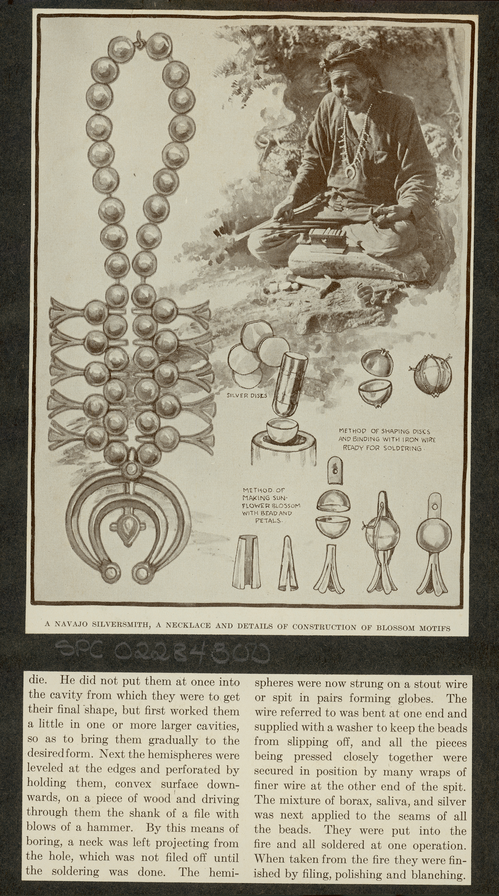 Photo of an aged-like infographic containing two columns of text below. A photo of a man and an illustration of various beads and a necklace are at the top. 