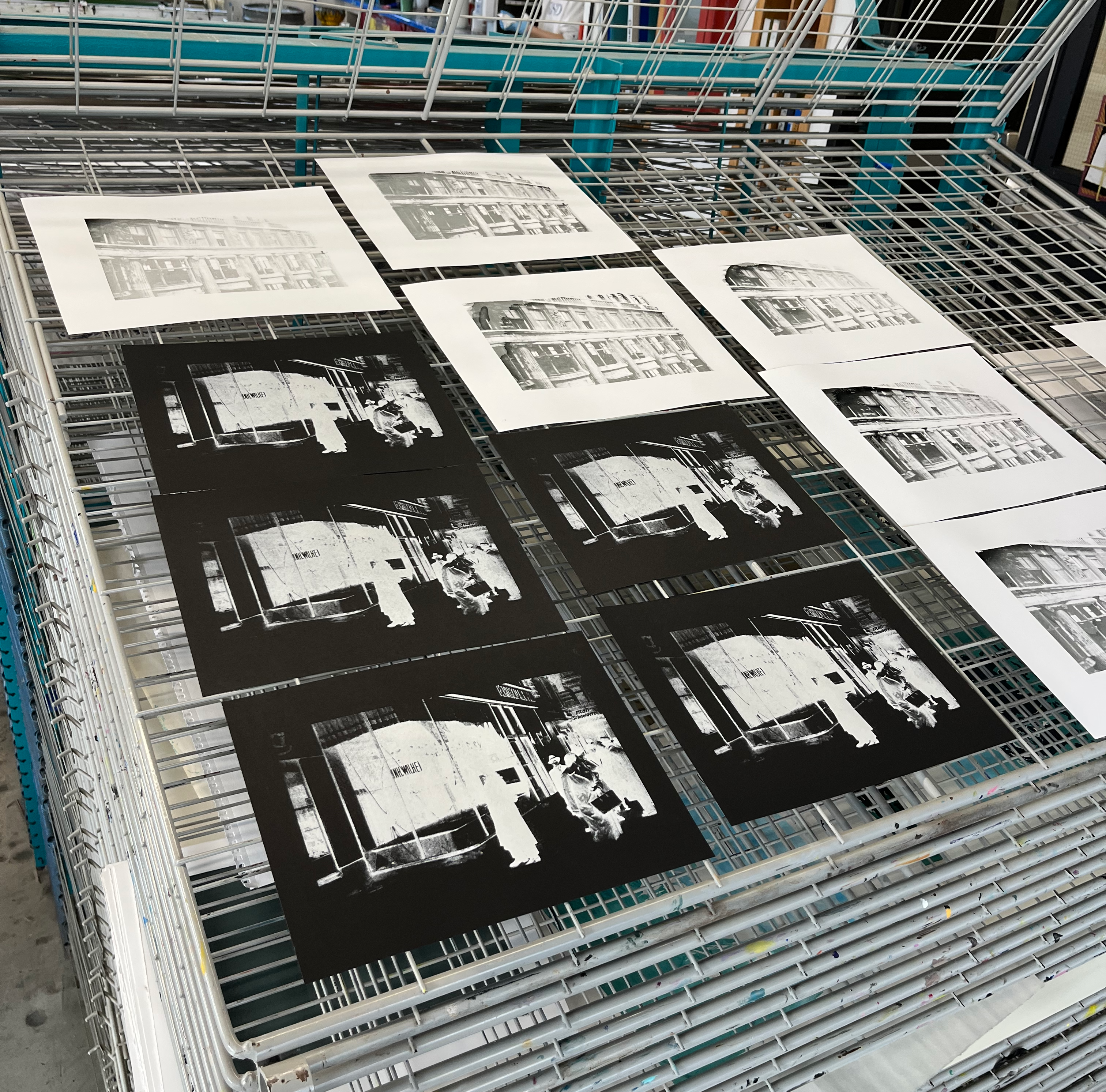 Screen prints of scenes from Kristallnacht