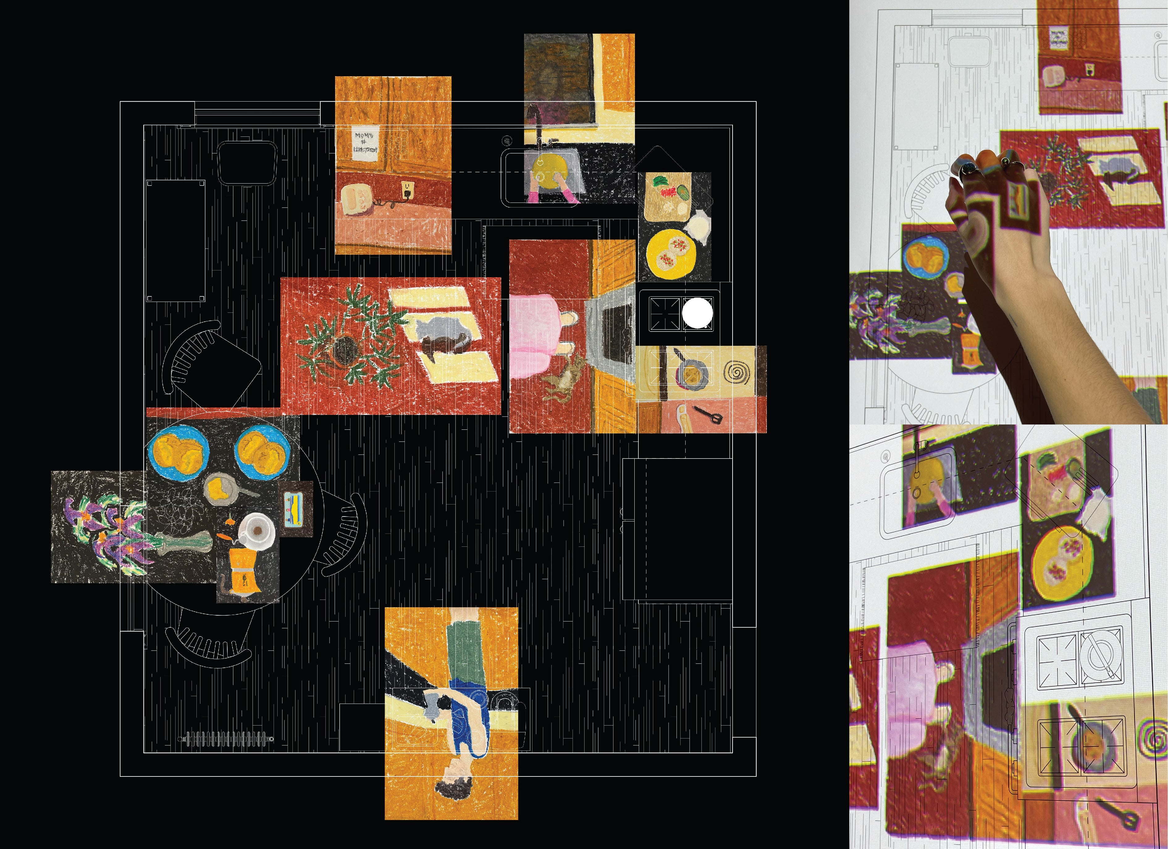 Vignettes of memories from my home in San Antonio mapped onto a floorplan of my kitchen in Providence, showing my mental navigation in between my current physical space and my lived experiences.