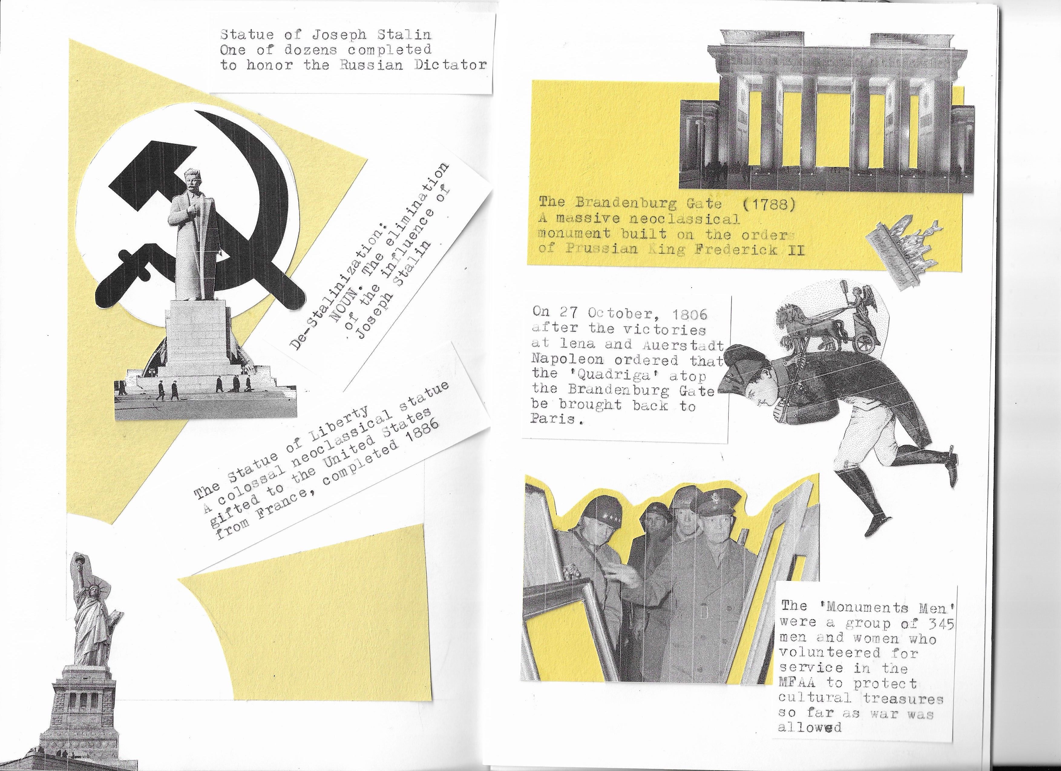 Spread #3 of "Monuments", a multimedia zine that collects and organizes research on monuments, their defining features, their uses, various rituals and traditions tied to their commemoration, appropriation, and desecration.