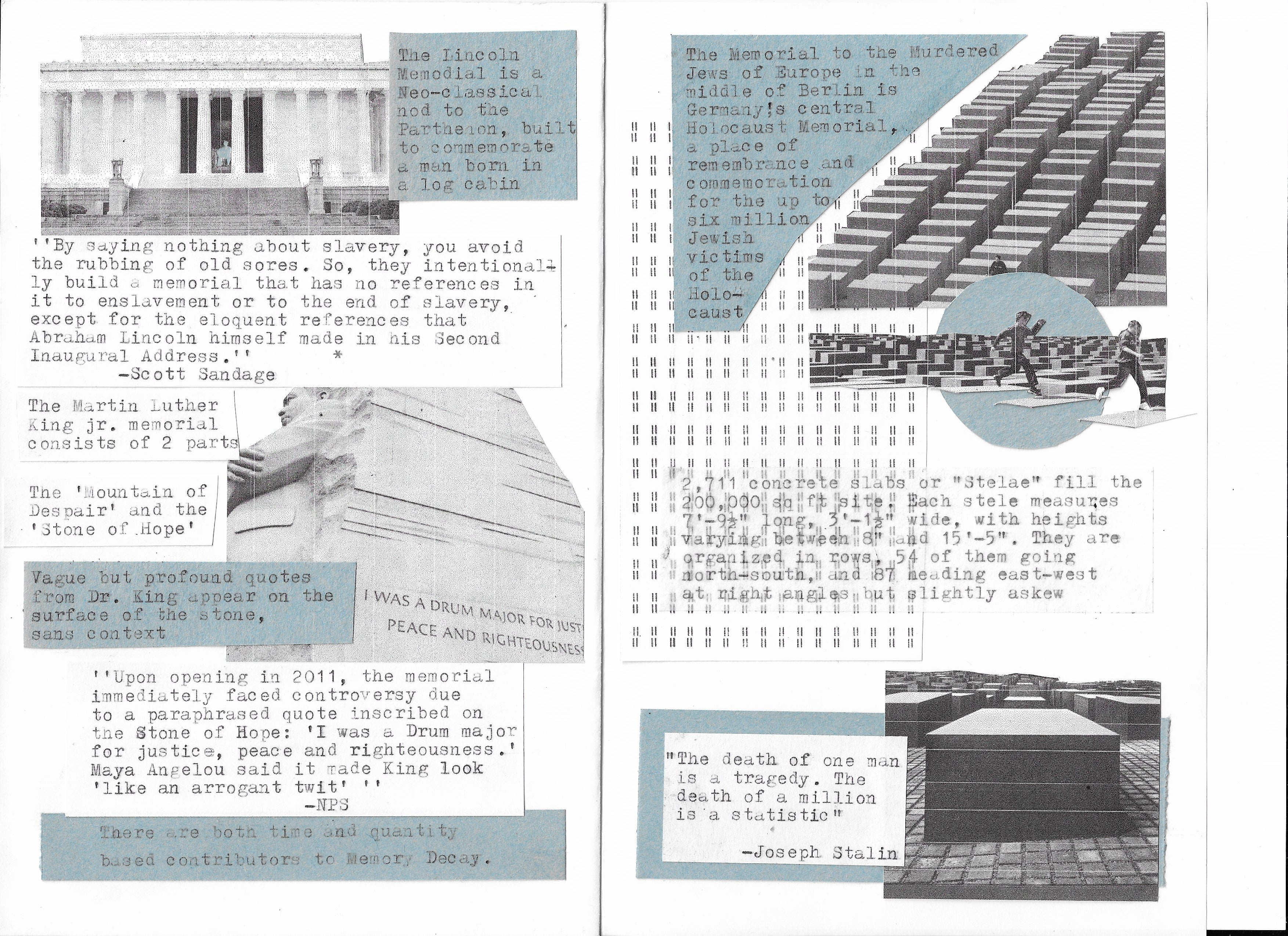 Spread #2 of "Memorials", a multimedia zine that collects and organizes research on memorials, their defining features, their uses, various rituals and traditions tied to their visual language, degree of abstraction, and reliance on figures, or symbols.
