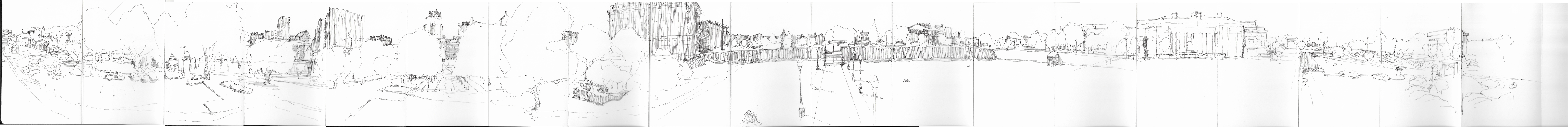 Panorama Perspectival Site Drawing of both the Statehouse lawn and the former town it displaced. Created by walking around the base of the statehouse, the drawing covers 360 degrees of vision, yet 2 notable elements escape its frame: The statehouse itself, and the demolished Snowtown.