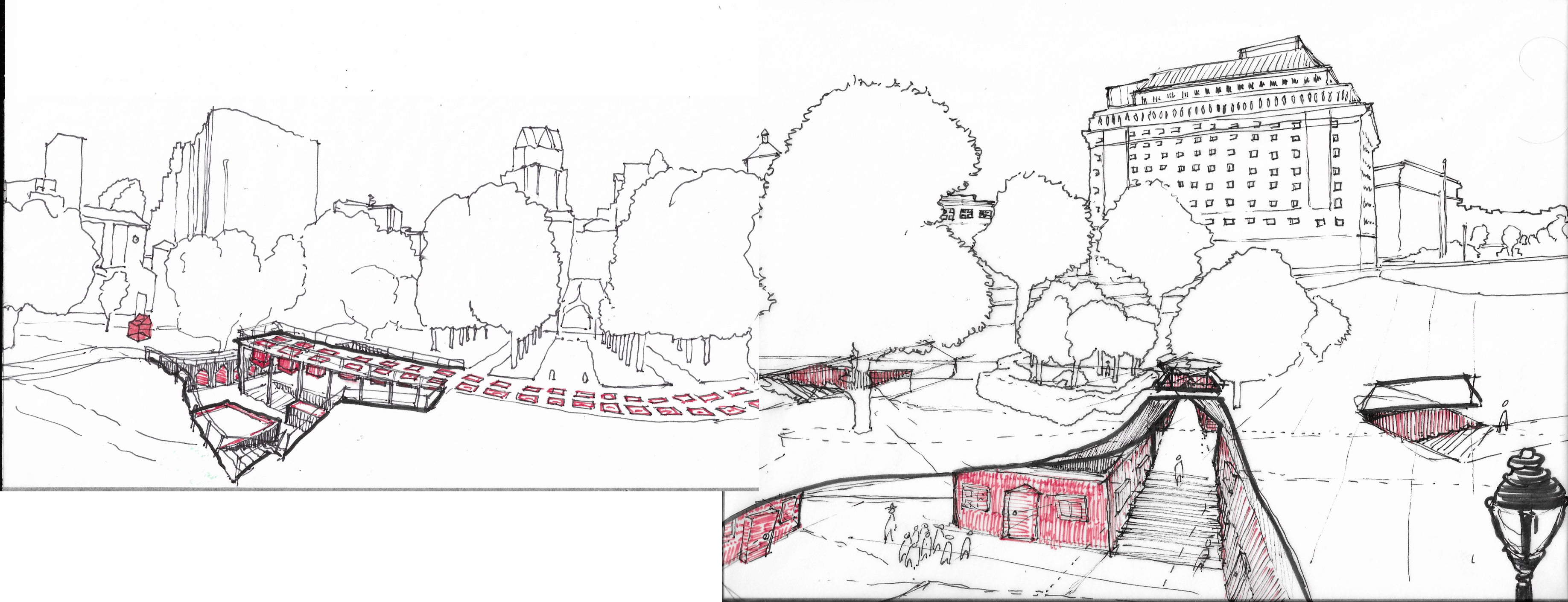 Tracing paper placed at various points along the sketched panorama allow for quick ideation of what the proposal may look like. This particular sketch speculates on what lies below the carefully manicured lawns of the Capitol. Art galleries stretch along old roads and emerge out of the ground