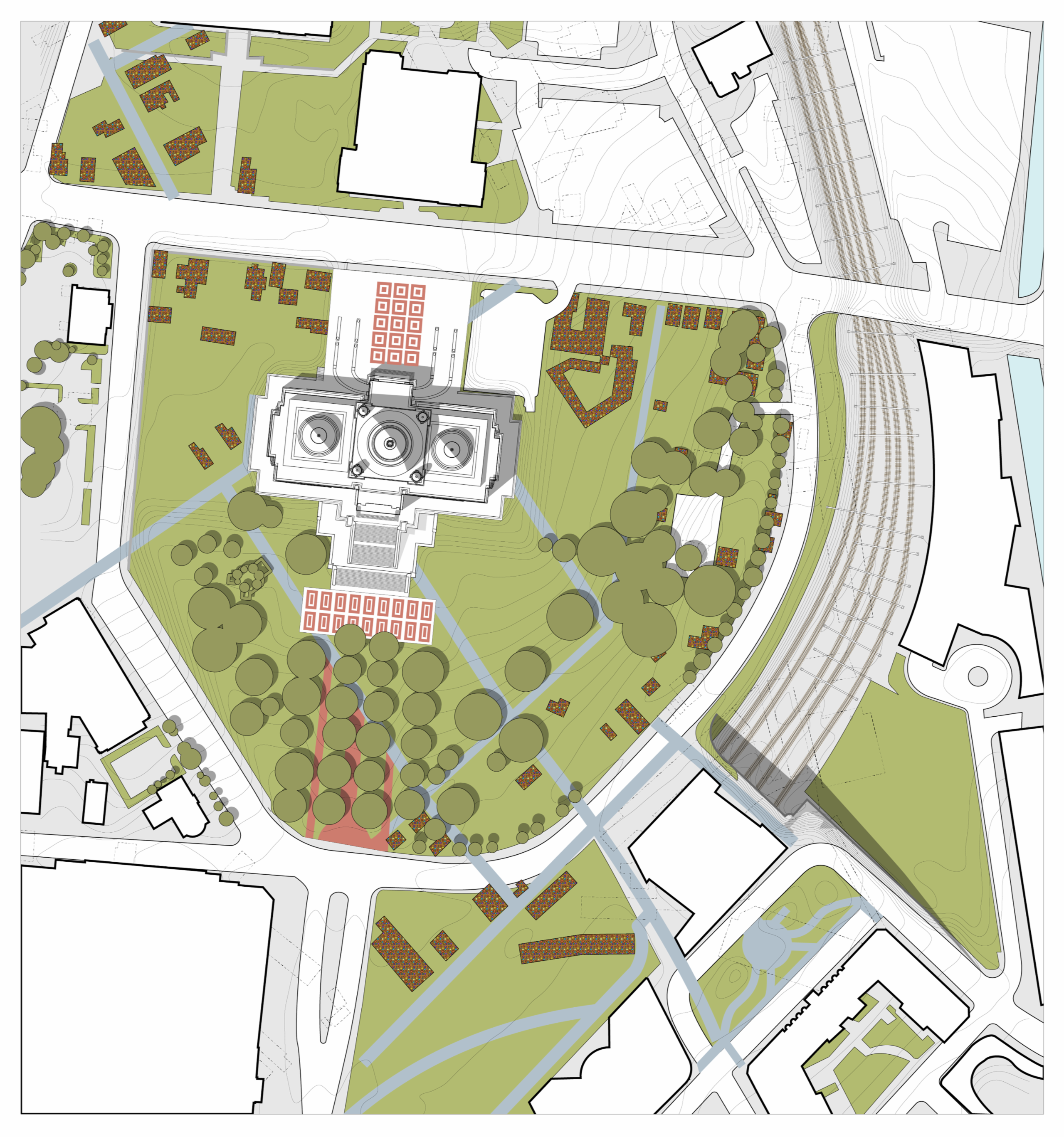 A site plan of the intervention shows where old roads, long since destroyed, will be brought back into existence along the site. These walkways disrupt the axis contrived by the state house and begin to hint at an older topographically native truth to the bluff that once was home to the working-class freedmen and women of Snowtown.