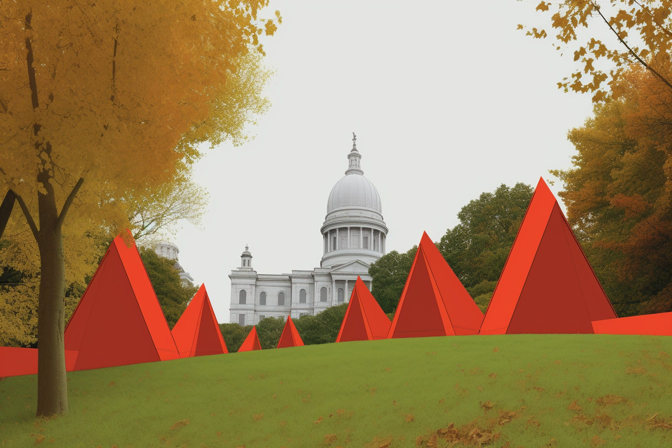 A speculative vignette of the counter-monumental intervention. Small A-frame trailers created by different neighborhoods give the statehouse lawn the appearance of containing a sunken neighborhood.