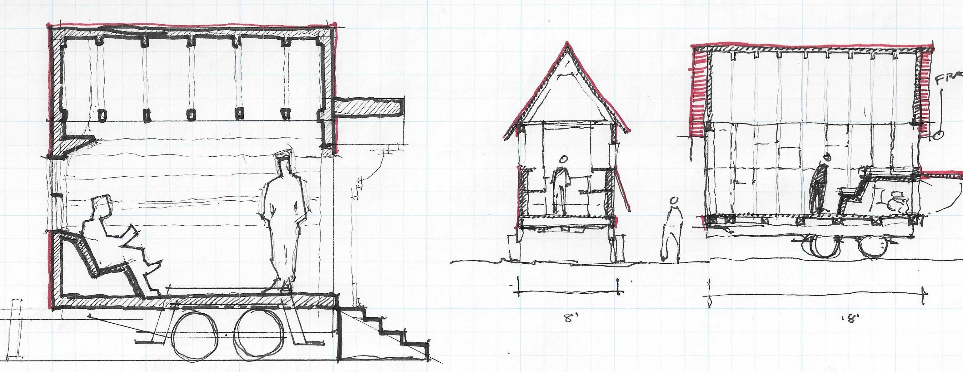 Sketch for early counter-monument design. Each neighborhood in Providence will in time be sent a structural frame upon which the inhabitants may work to place clapboard siding in whatever manner they sees fit.