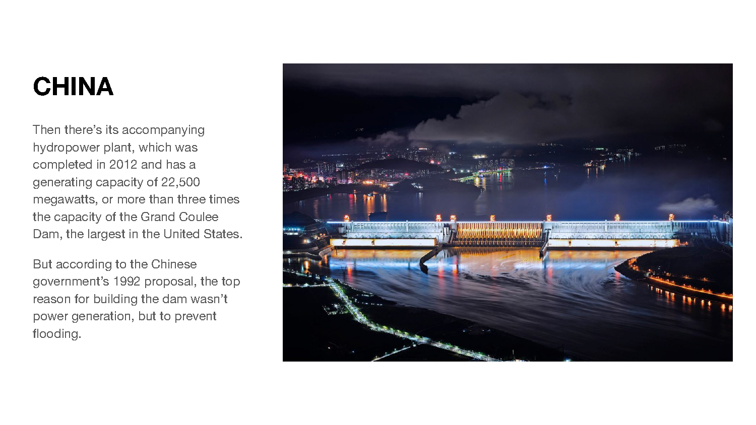 Text on the Three Gorges Dam in China accompanied by an image of the completed dam illuminated at night with land on either side.