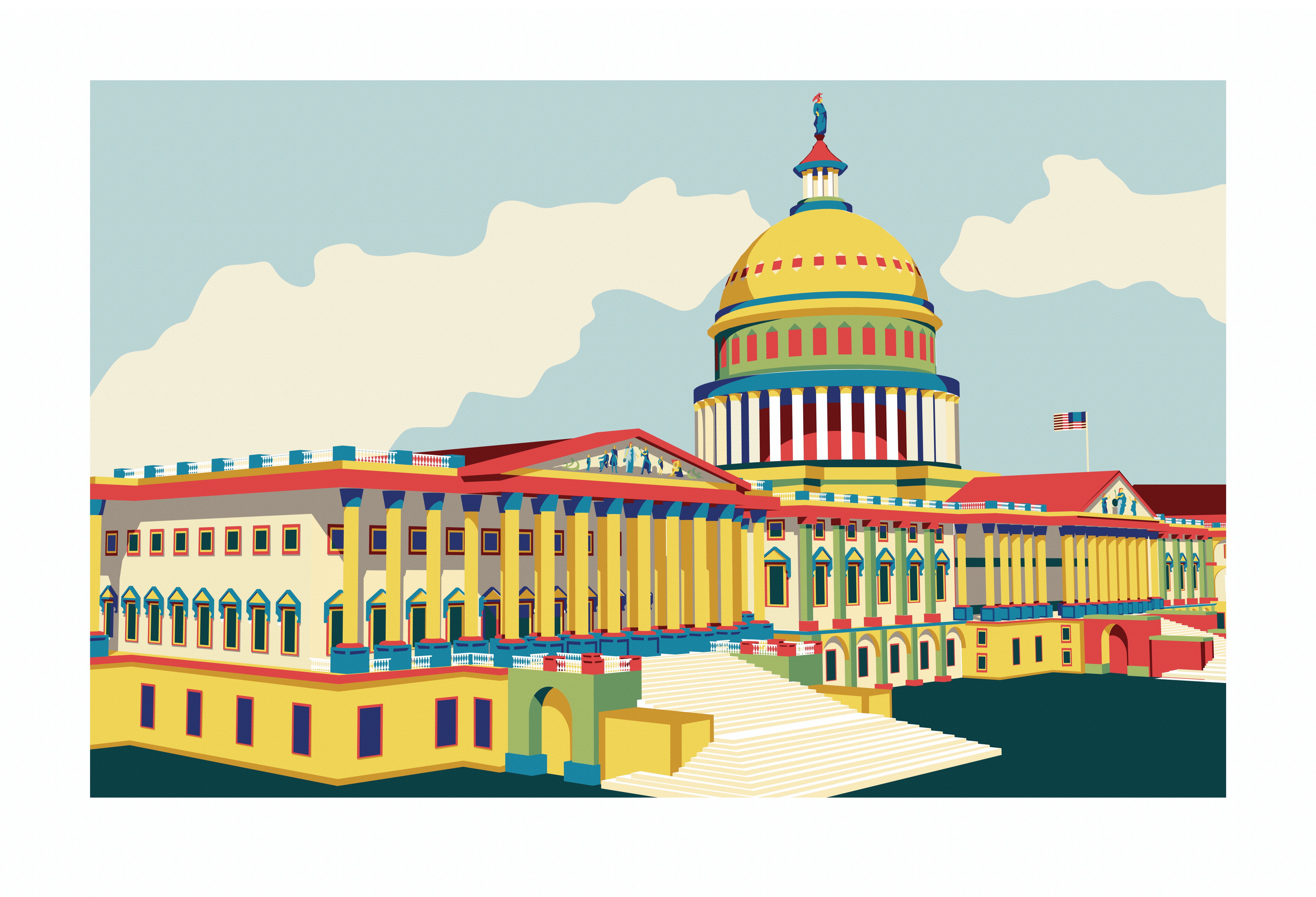 U.S. Capitol Building in a vibrant color scheme of yellow, red, blue, and green.