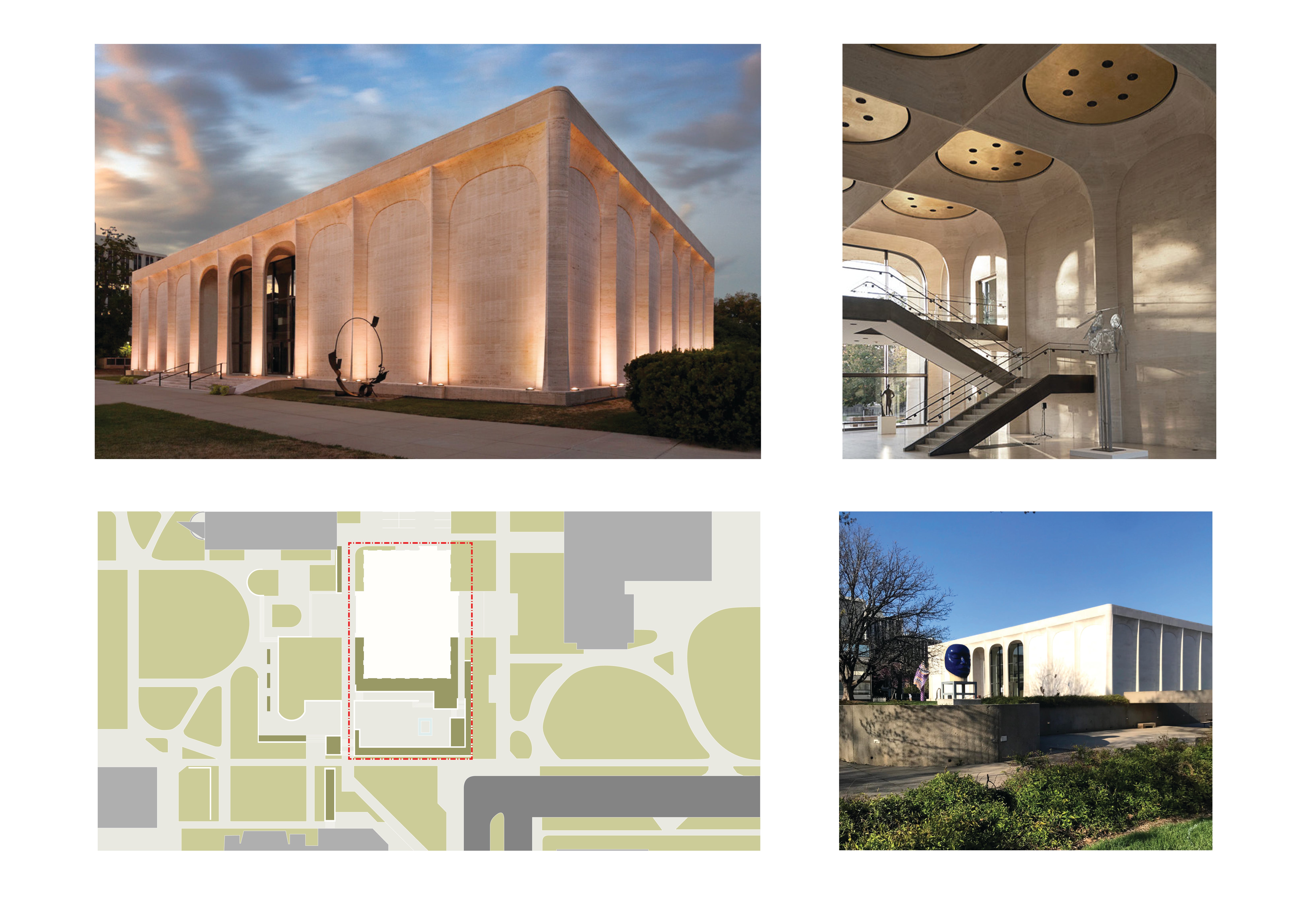 Three photos of the Sheldon art museum, an elegant and white smooth stone building with sleek columns, and a diagrammatic site plan.